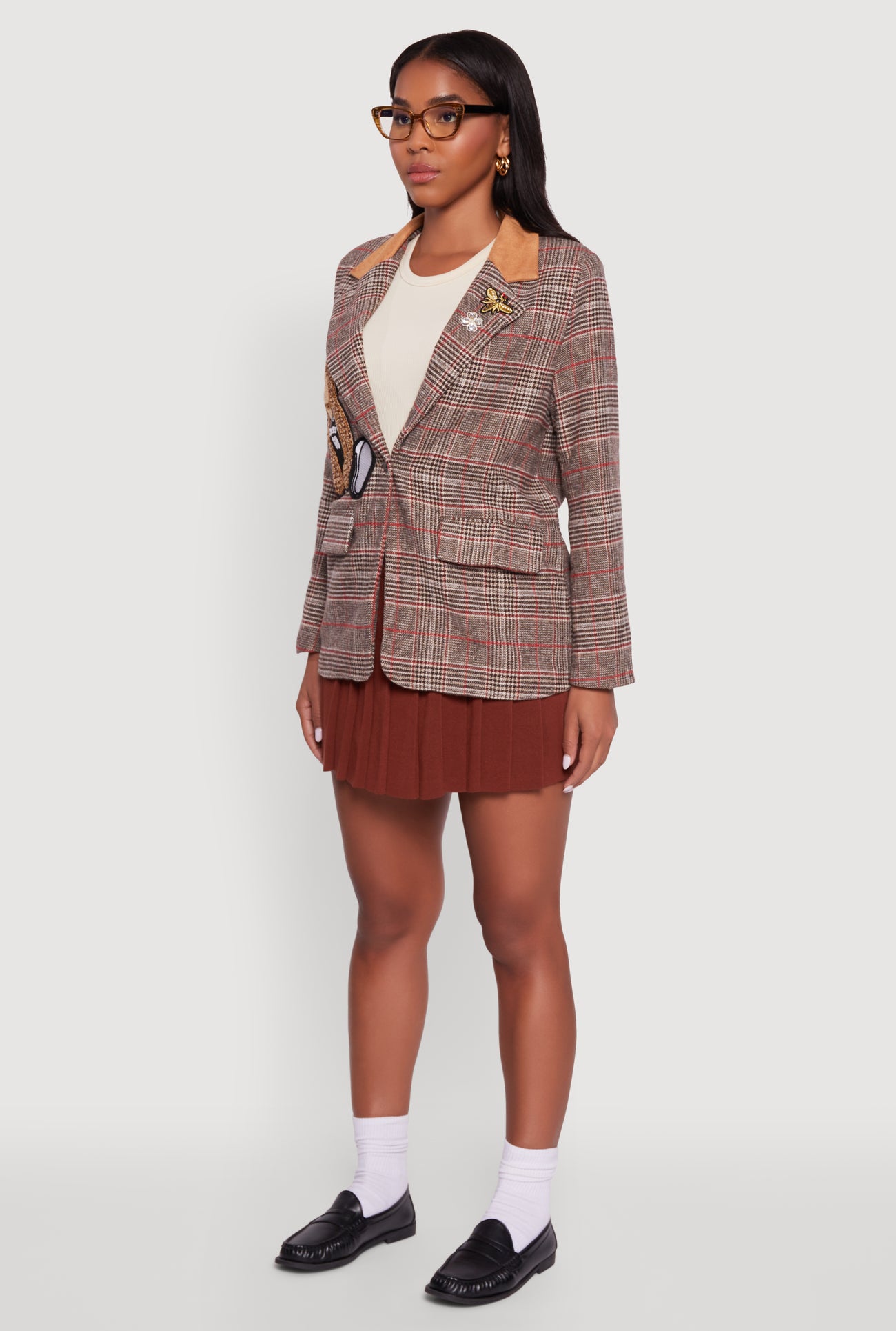 Chenille Bear Graphic Plaid Blazer with Padded Shoulders