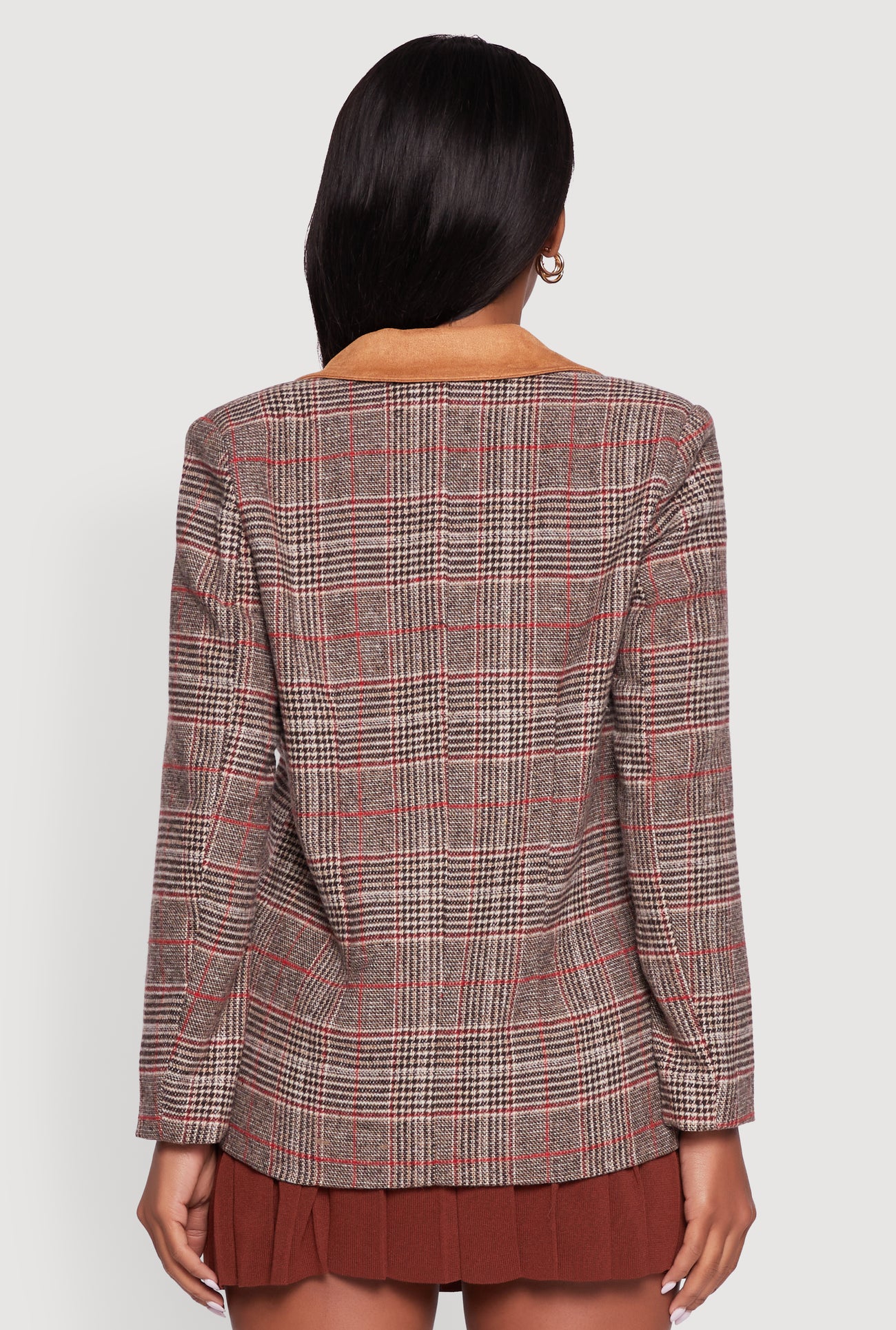 Chenille Bear Graphic Plaid Blazer with Padded Shoulders