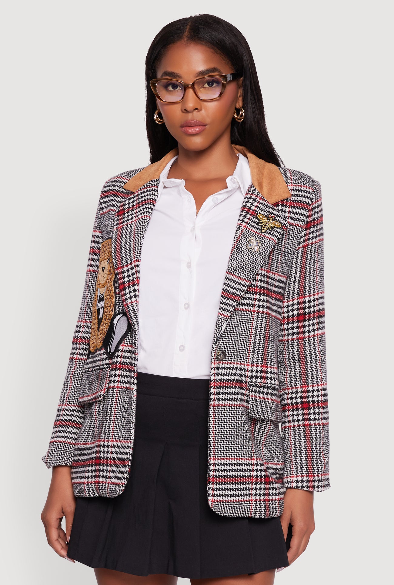 Chenille Bear Graphic Plaid Blazer with Padded Shoulders