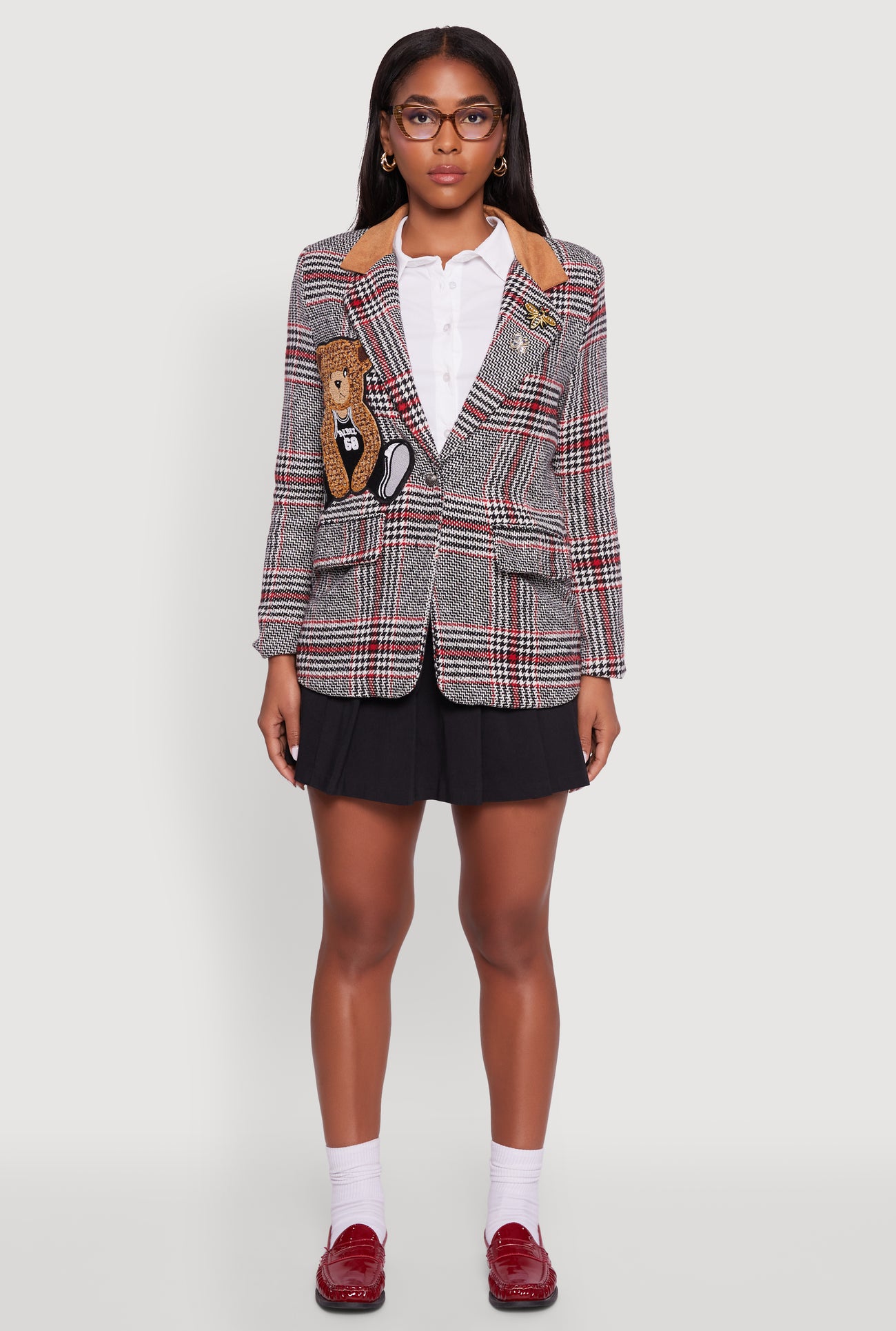 Chenille Bear Graphic Plaid Blazer with Padded Shoulders