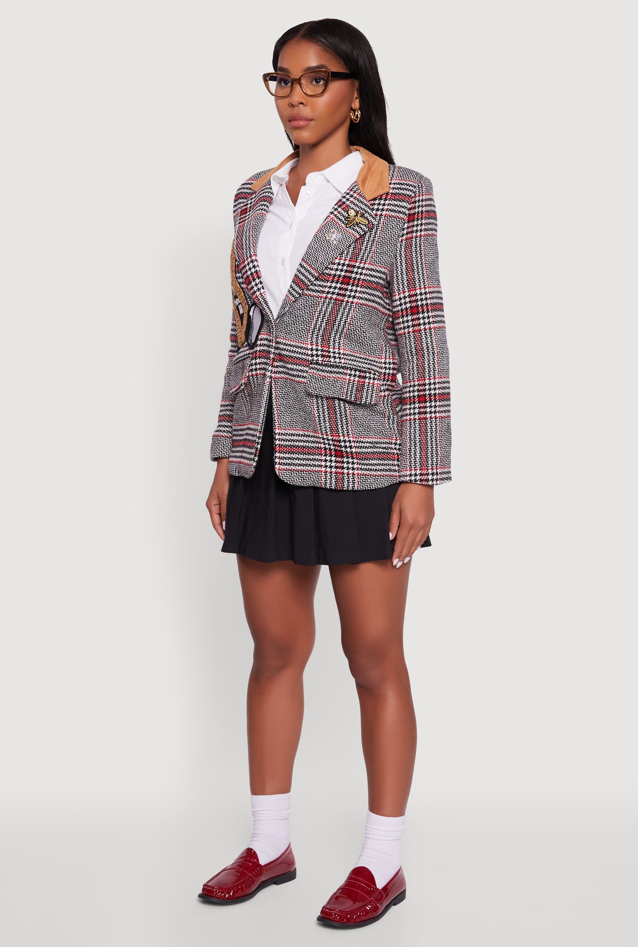 Chenille Bear Graphic Plaid Blazer with Padded Shoulders