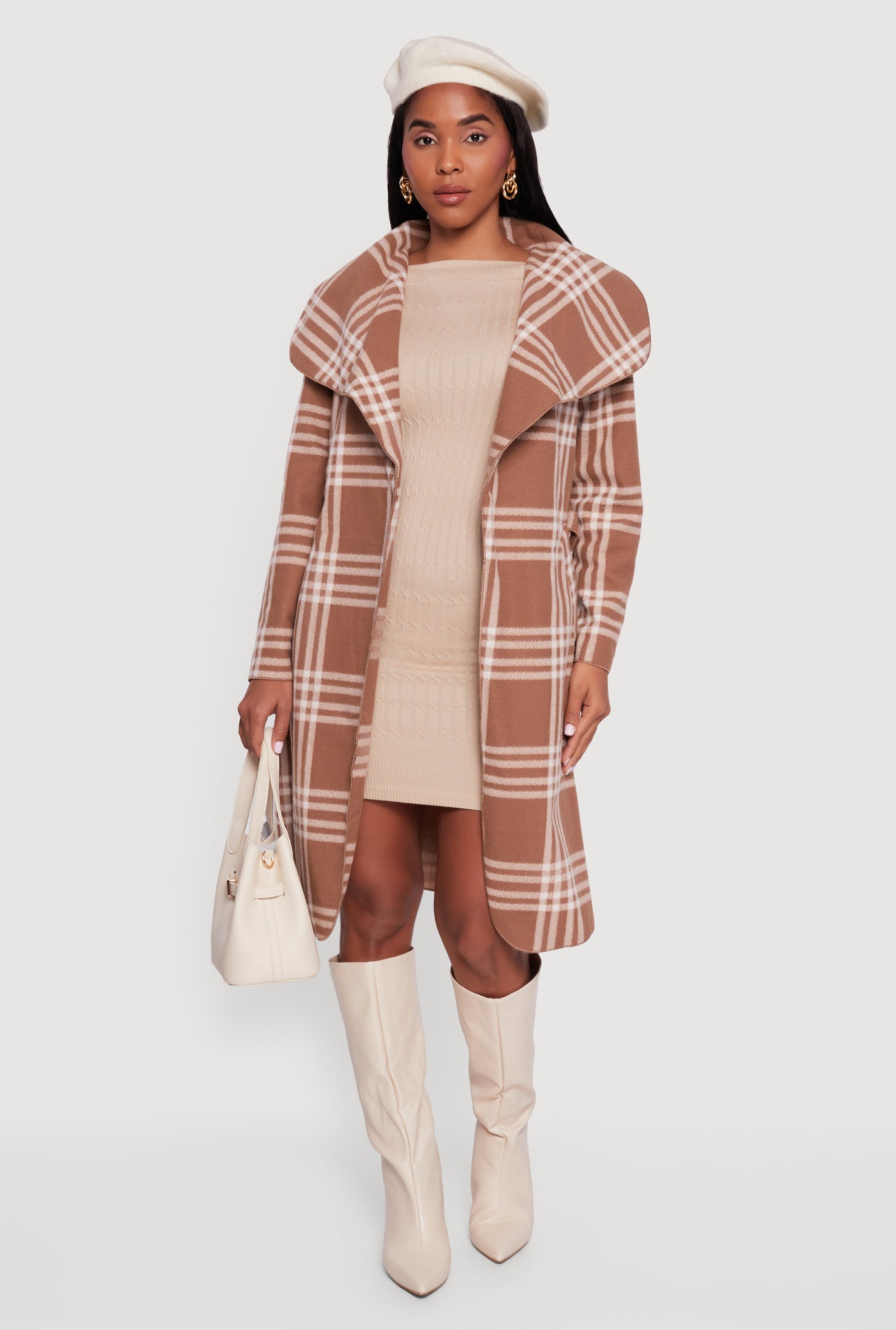 Trendy Plaid Fleece Wrap Coat with Tie Waist Belt