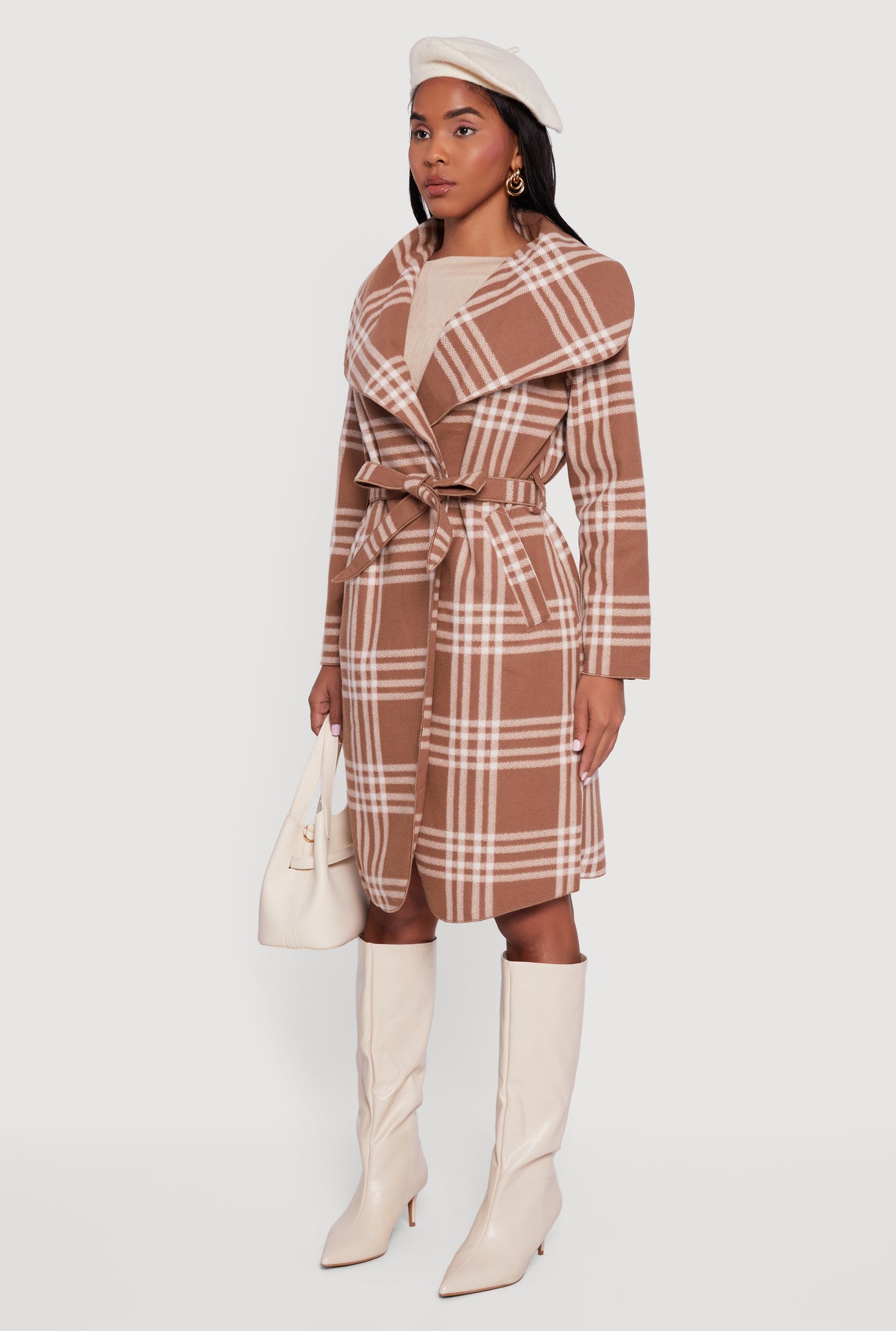 Trendy Plaid Fleece Wrap Coat with Tie Waist Belt