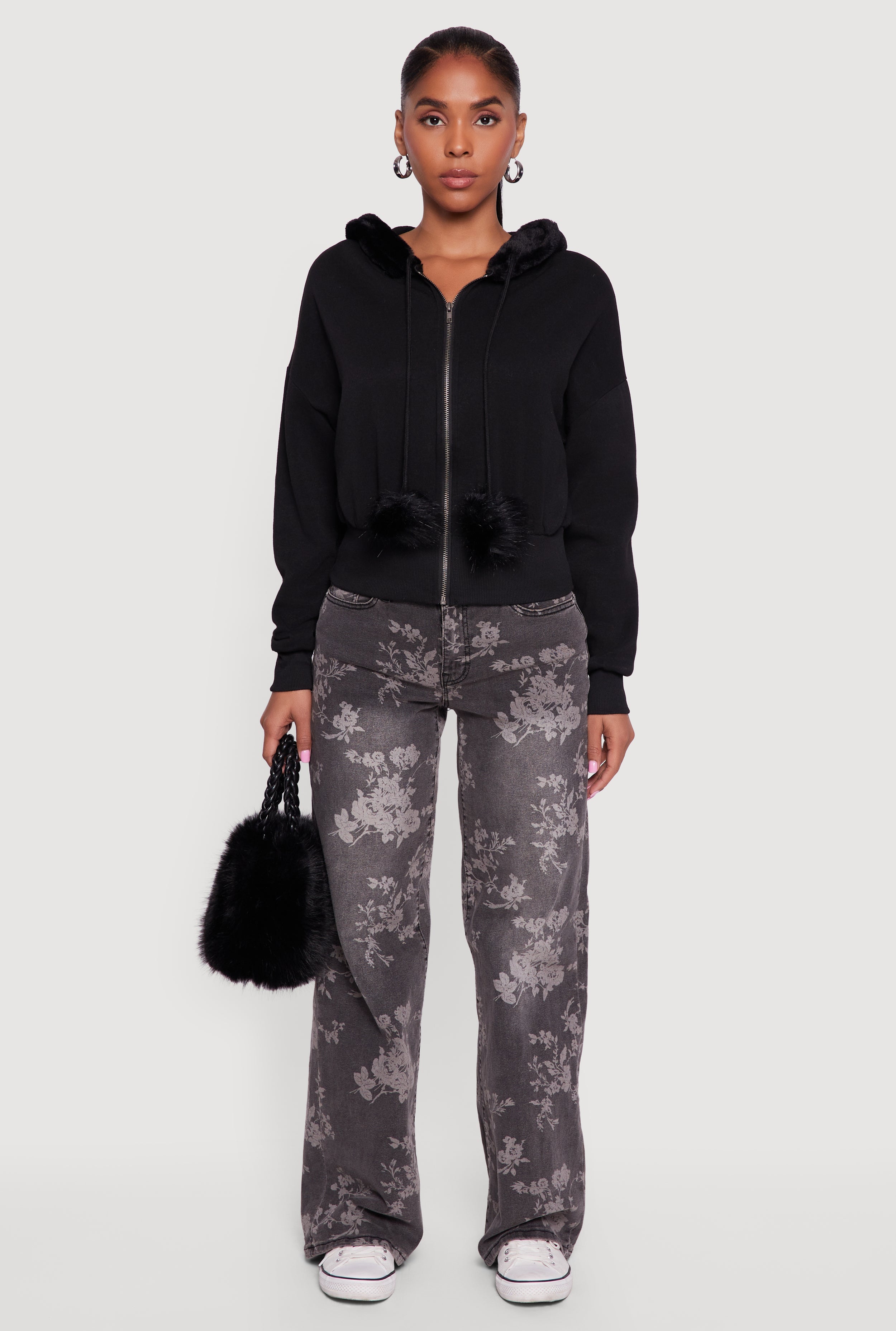 Faux Fur Trim Zip Front Hoodie with Pom Poms
