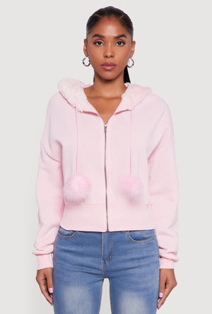Faux Fur Trim Zip Front Hoodie with Pom Poms