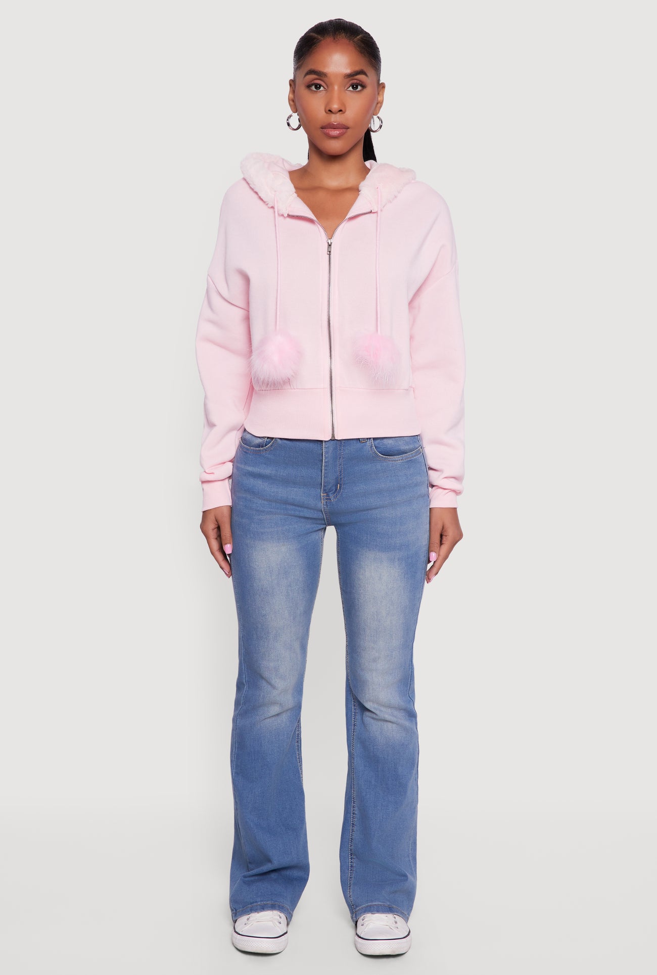 Faux Fur Trim Zip Front Hoodie with Pom Poms - PINK / S Faux Fur Trim Zip Front Hoodie with Pom Poms - PINK / S