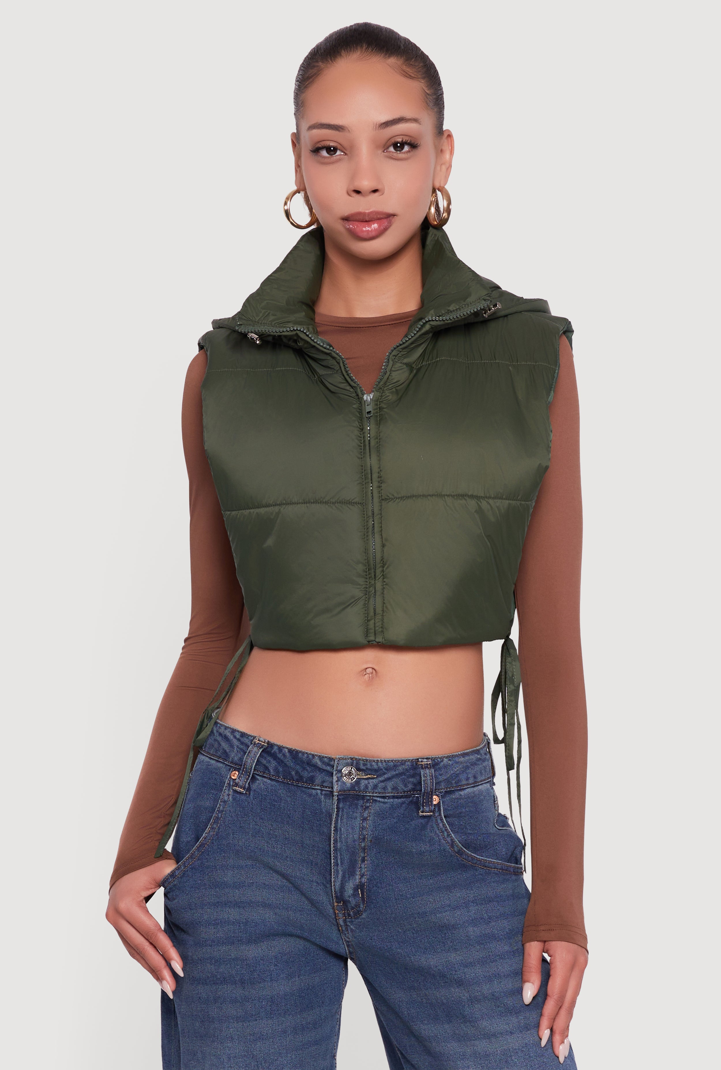 Hooded Cropped Puffer Vest with Open Tie Sides