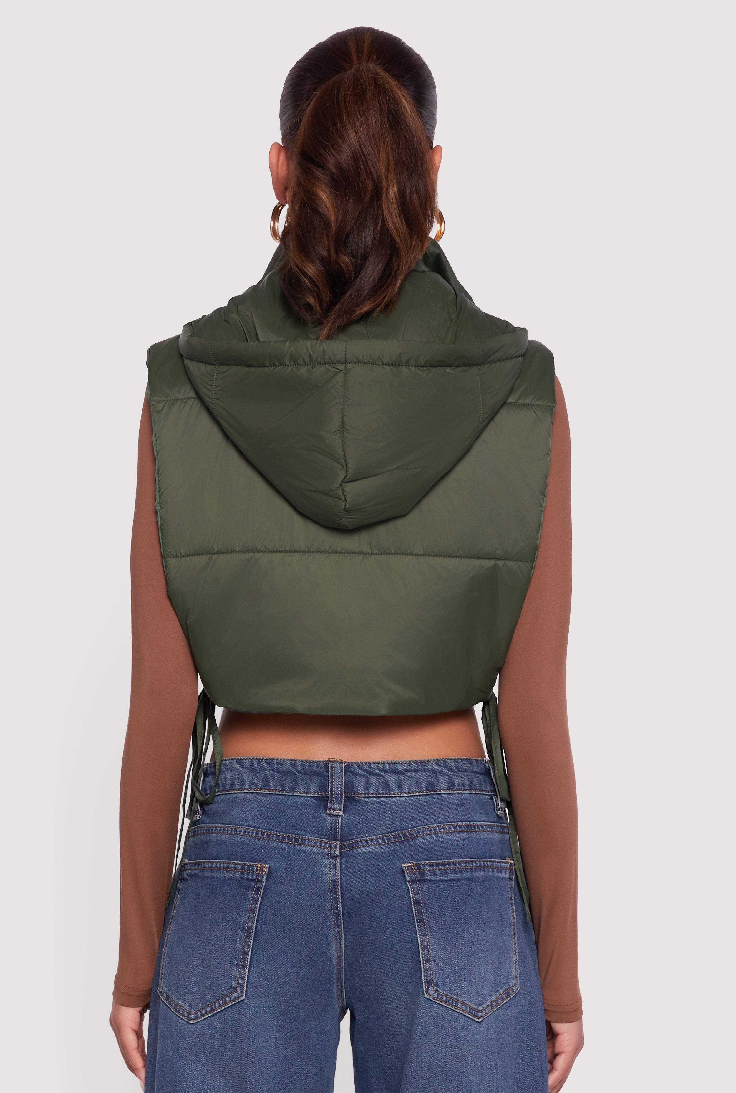 Hooded Cropped Puffer Vest with Open Tie Sides