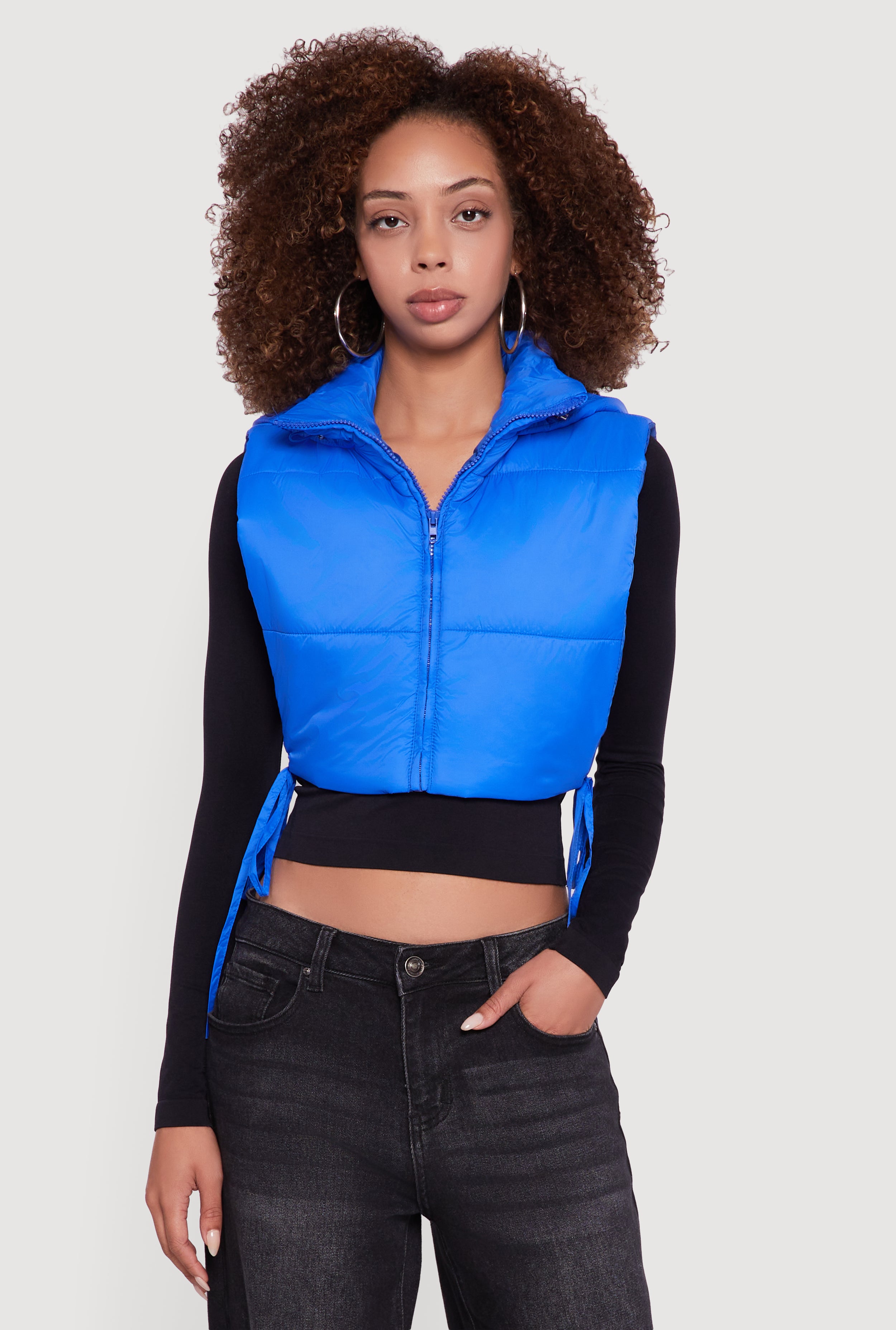 Hooded Cropped Puffer Vest with Open Tie Sides