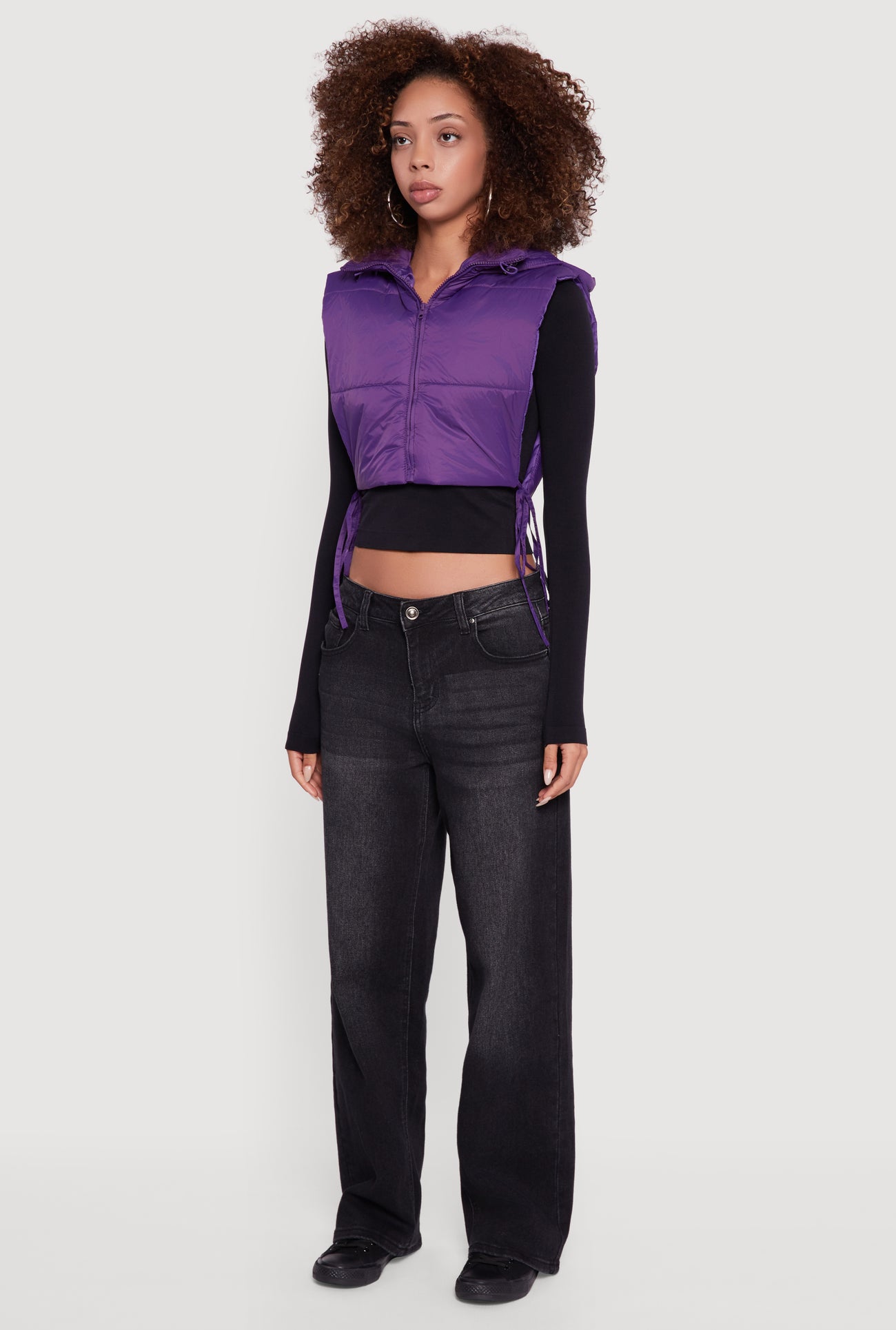 Hooded Cropped Puffer Vest with Open Tie Sides