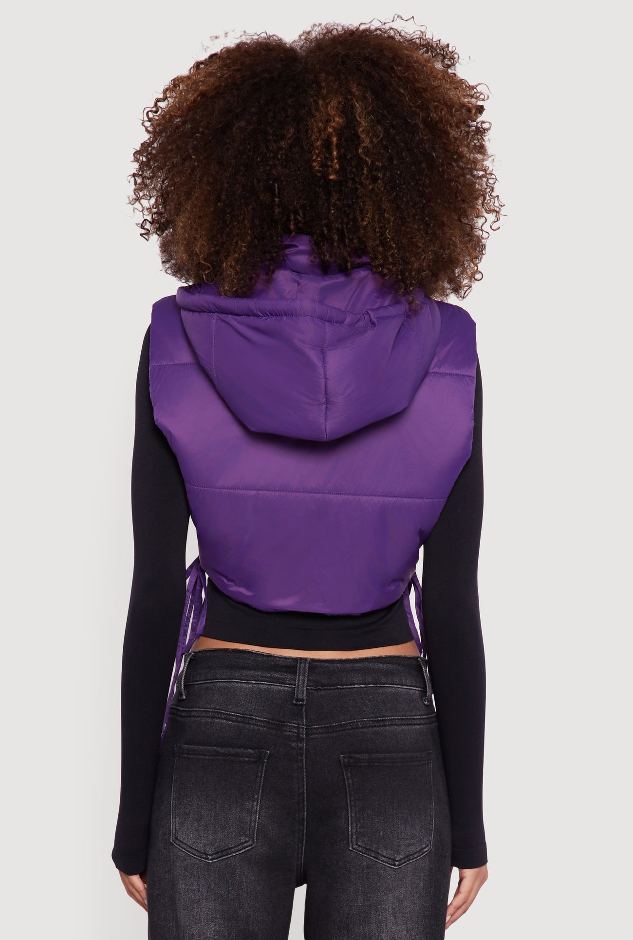 Hooded Cropped Puffer Vest with Open Tie Sides
