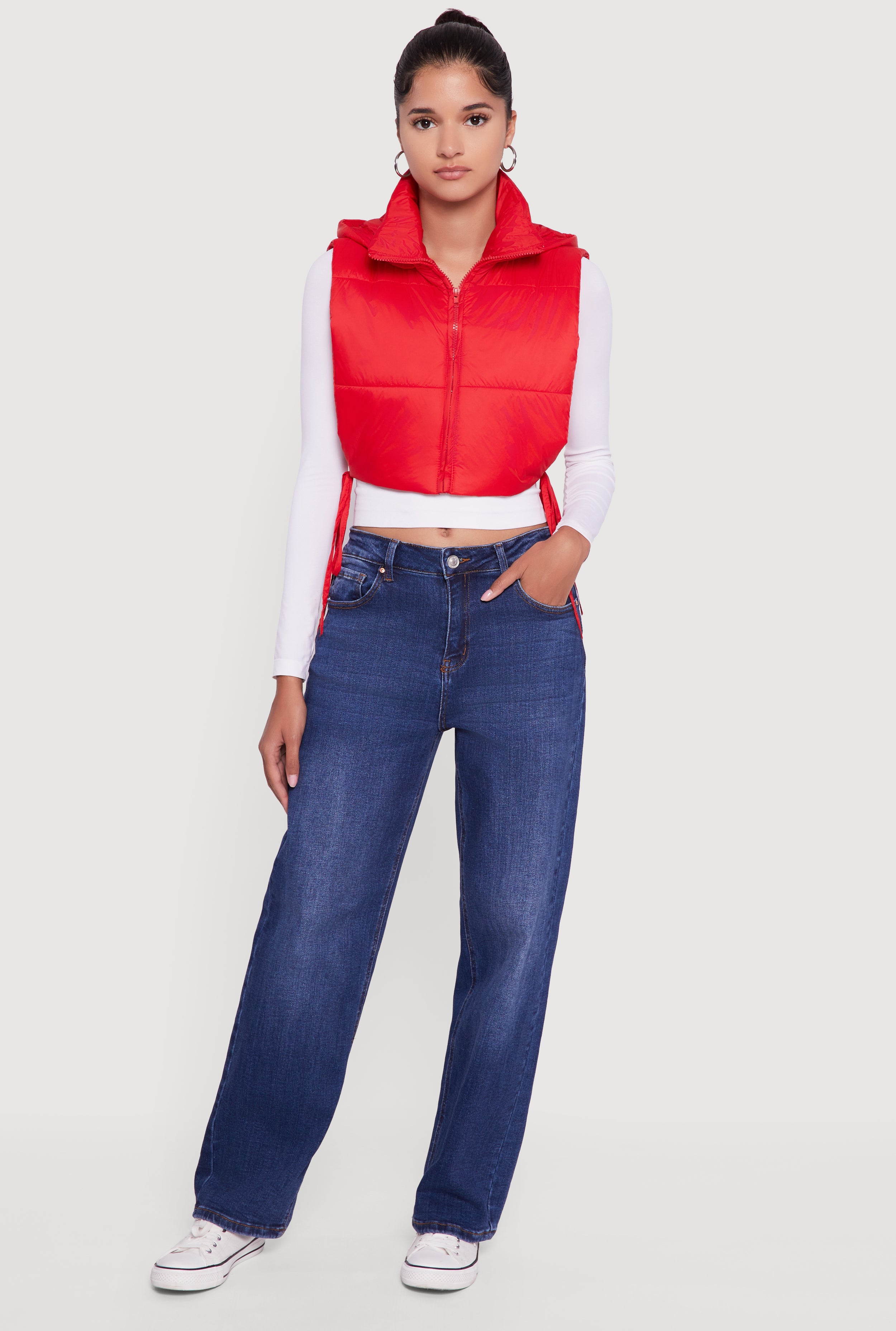 Hooded Cropped Puffer Vest with Open Tie Sides