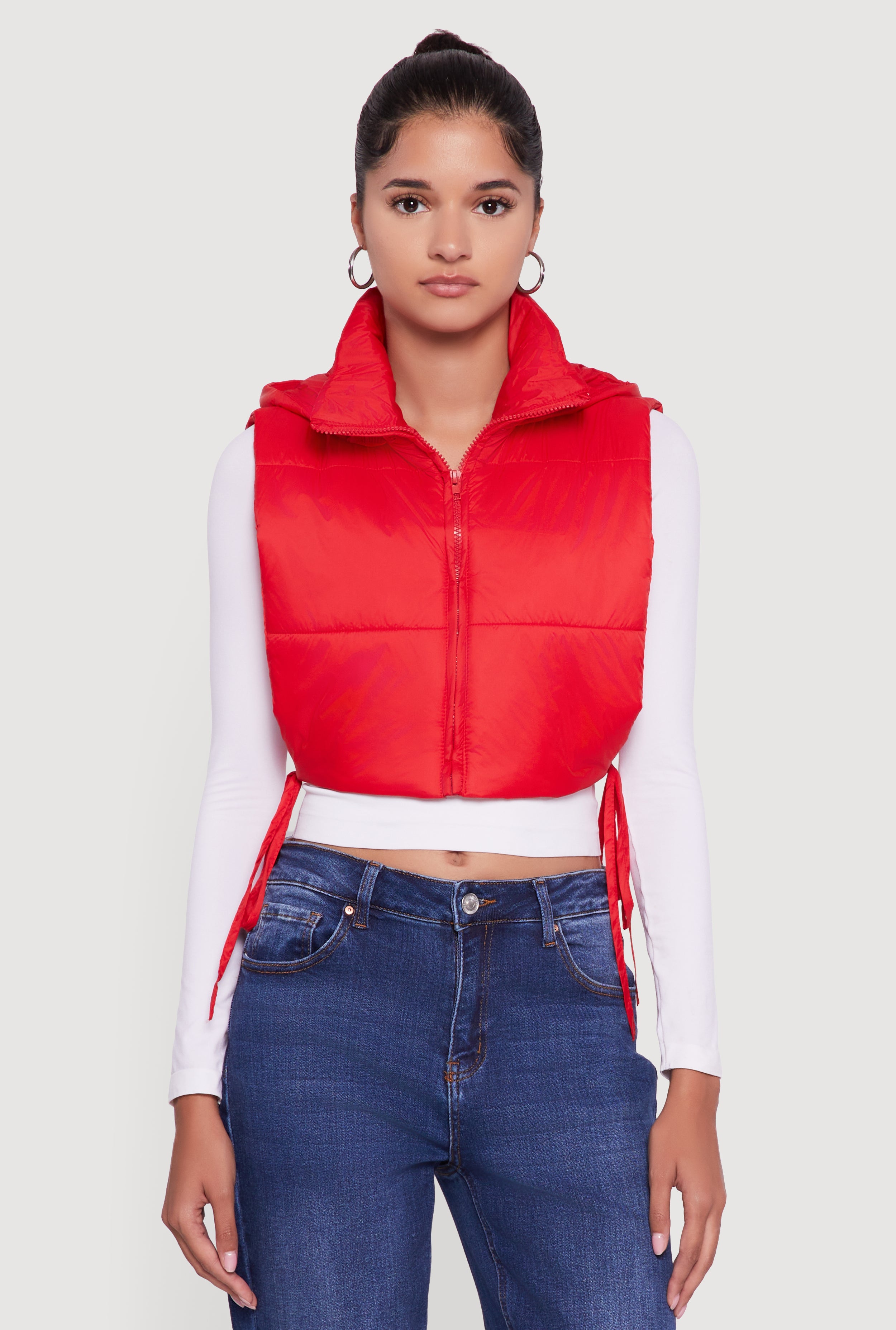 Hooded Cropped Puffer Vest with Open Tie Sides