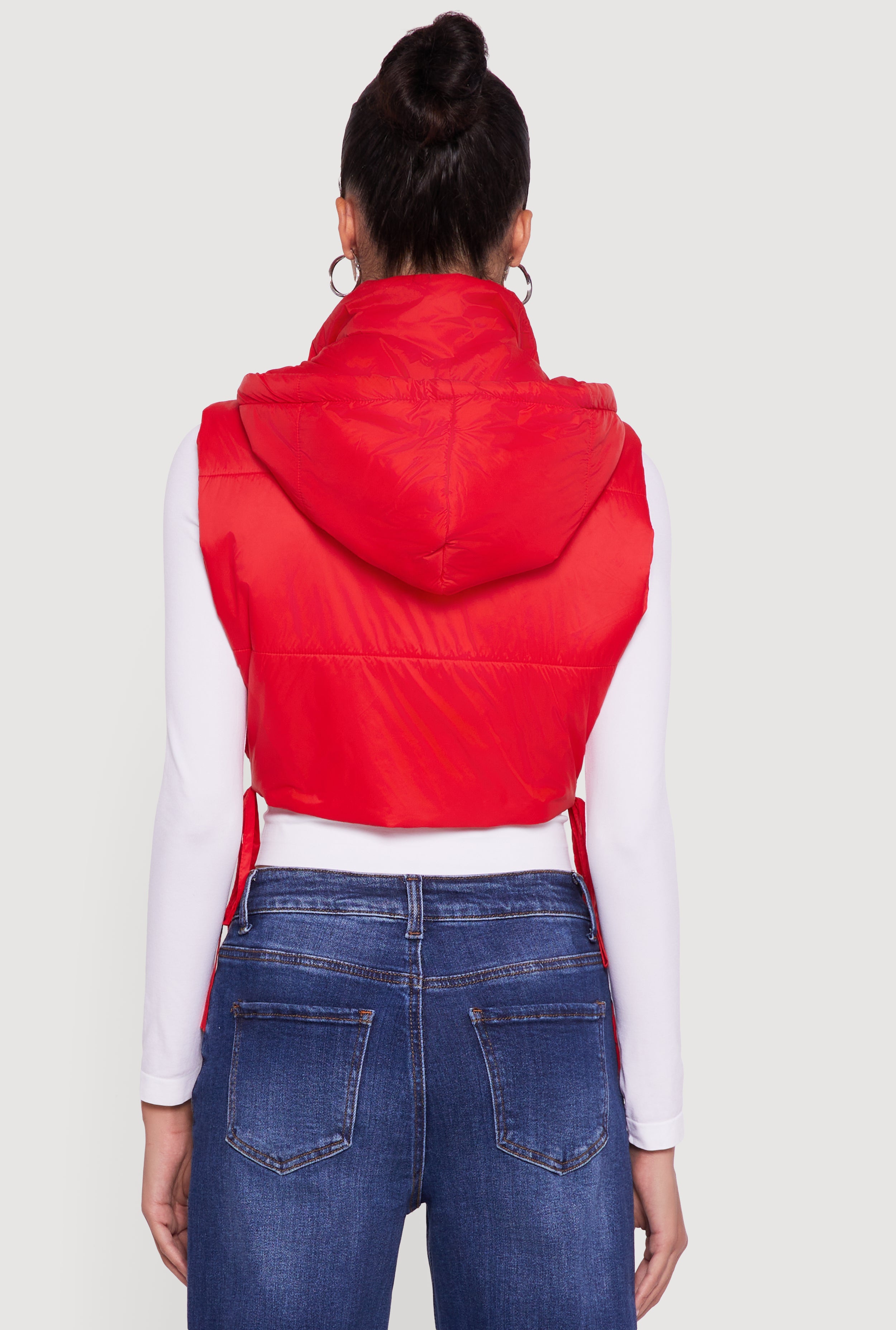 Hooded Cropped Puffer Vest with Open Tie Sides