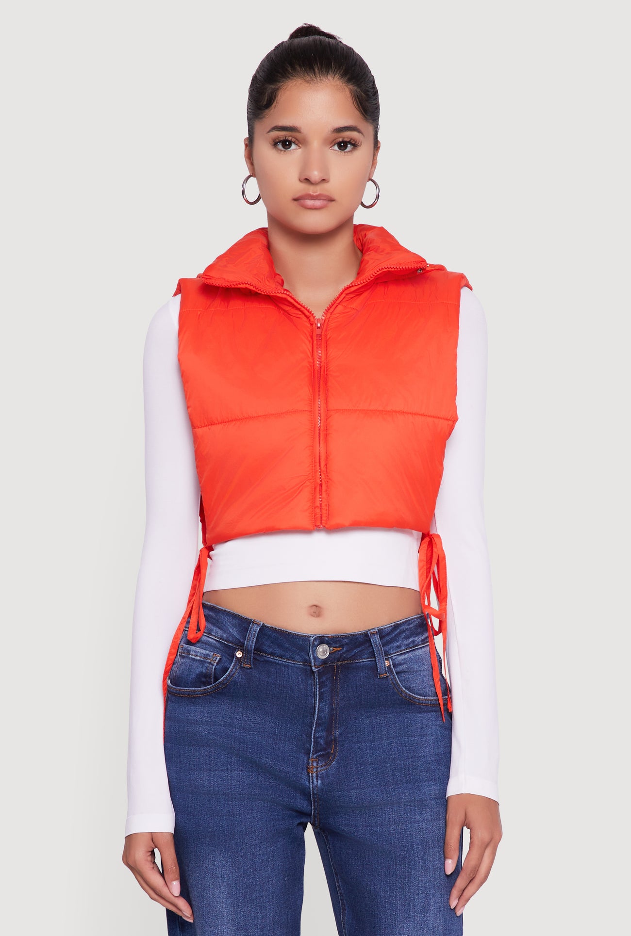 Hooded Cropped Puffer Vest with Open Tie Sides