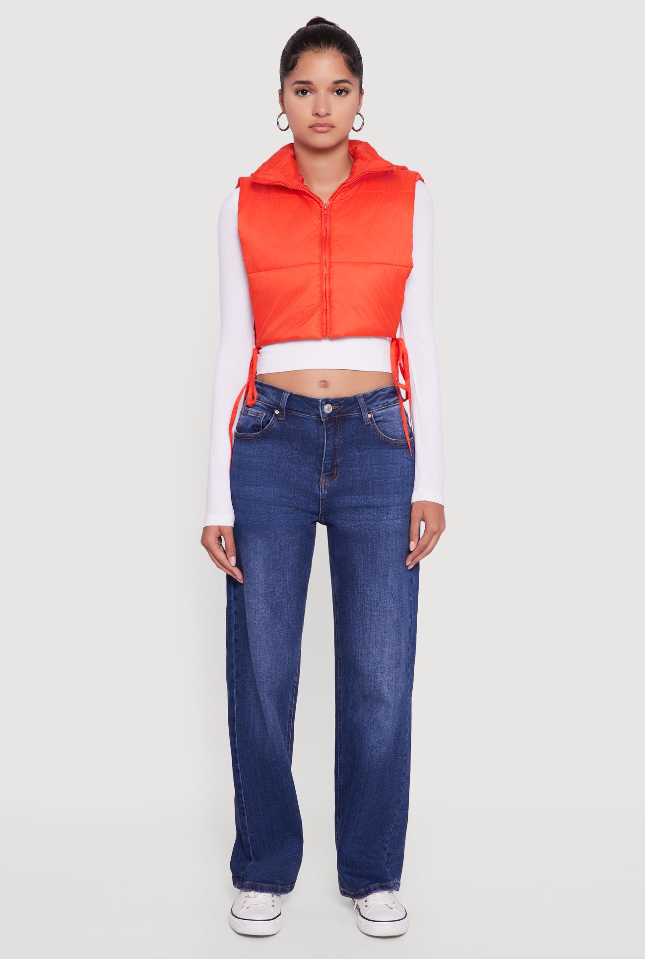 Hooded Cropped Puffer Vest with Open Tie Sides