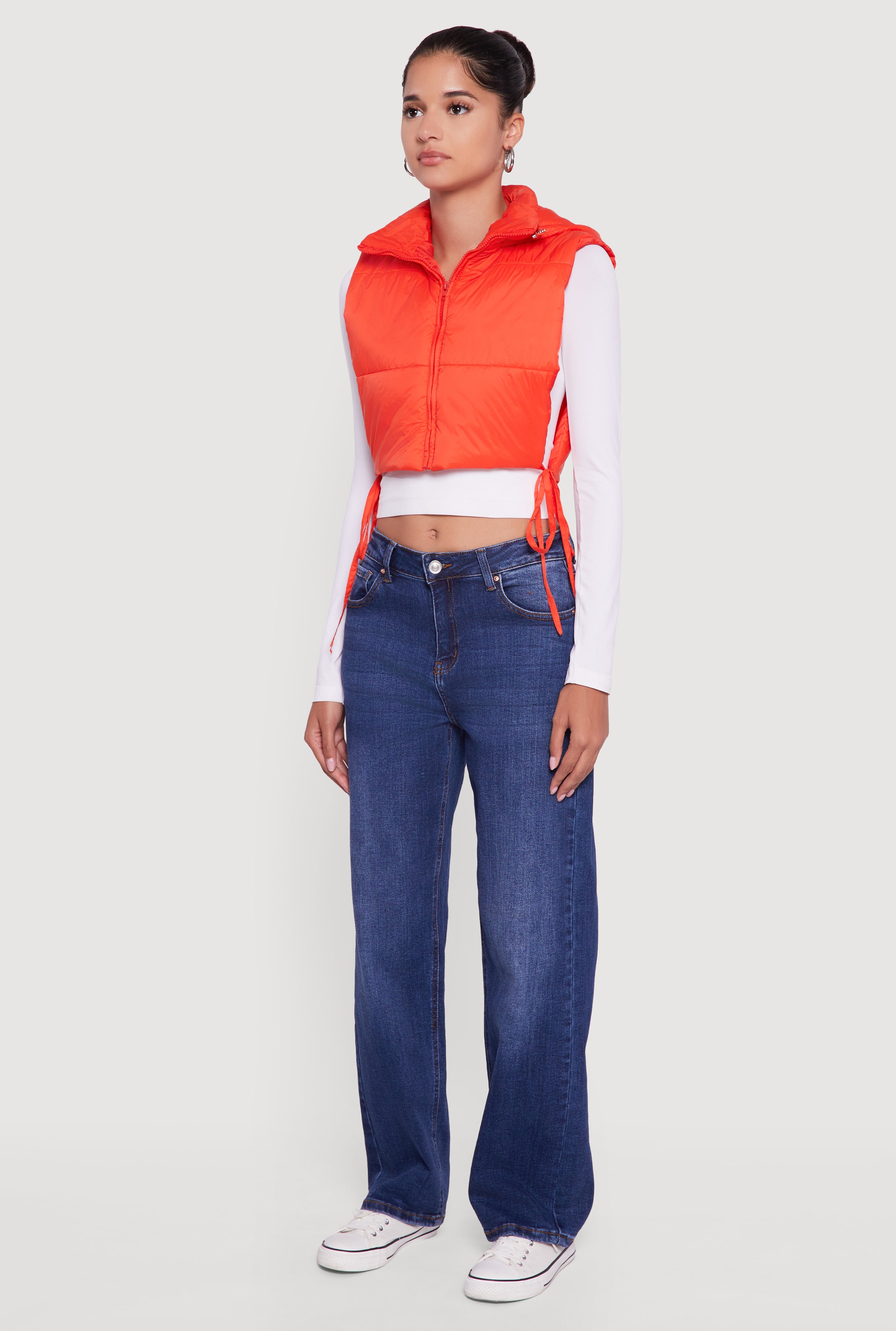 Hooded Cropped Puffer Vest with Open Tie Sides