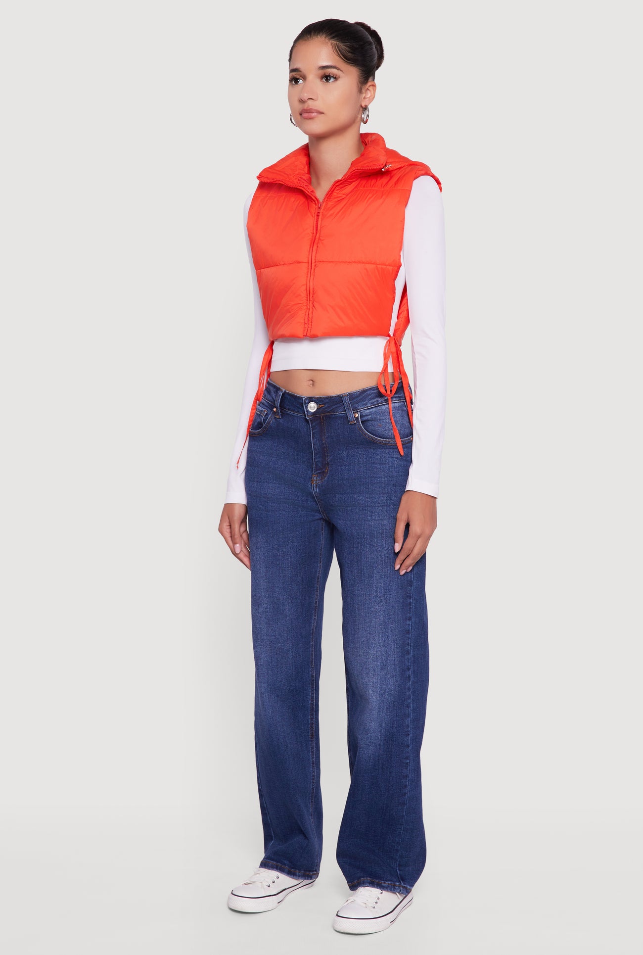 Hooded Cropped Puffer Vest with Open Tie Sides