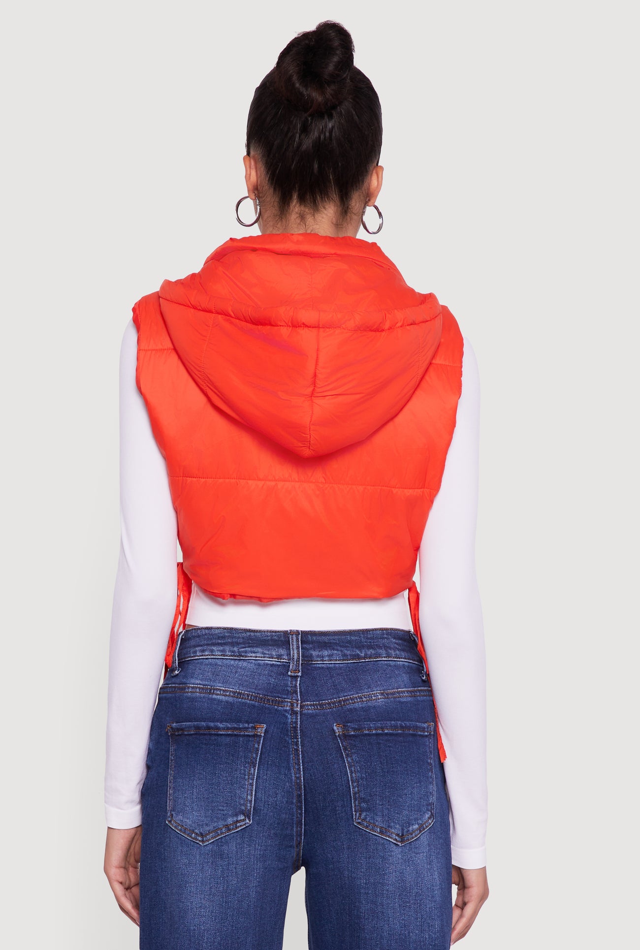 Hooded Cropped Puffer Vest with Open Tie Sides
