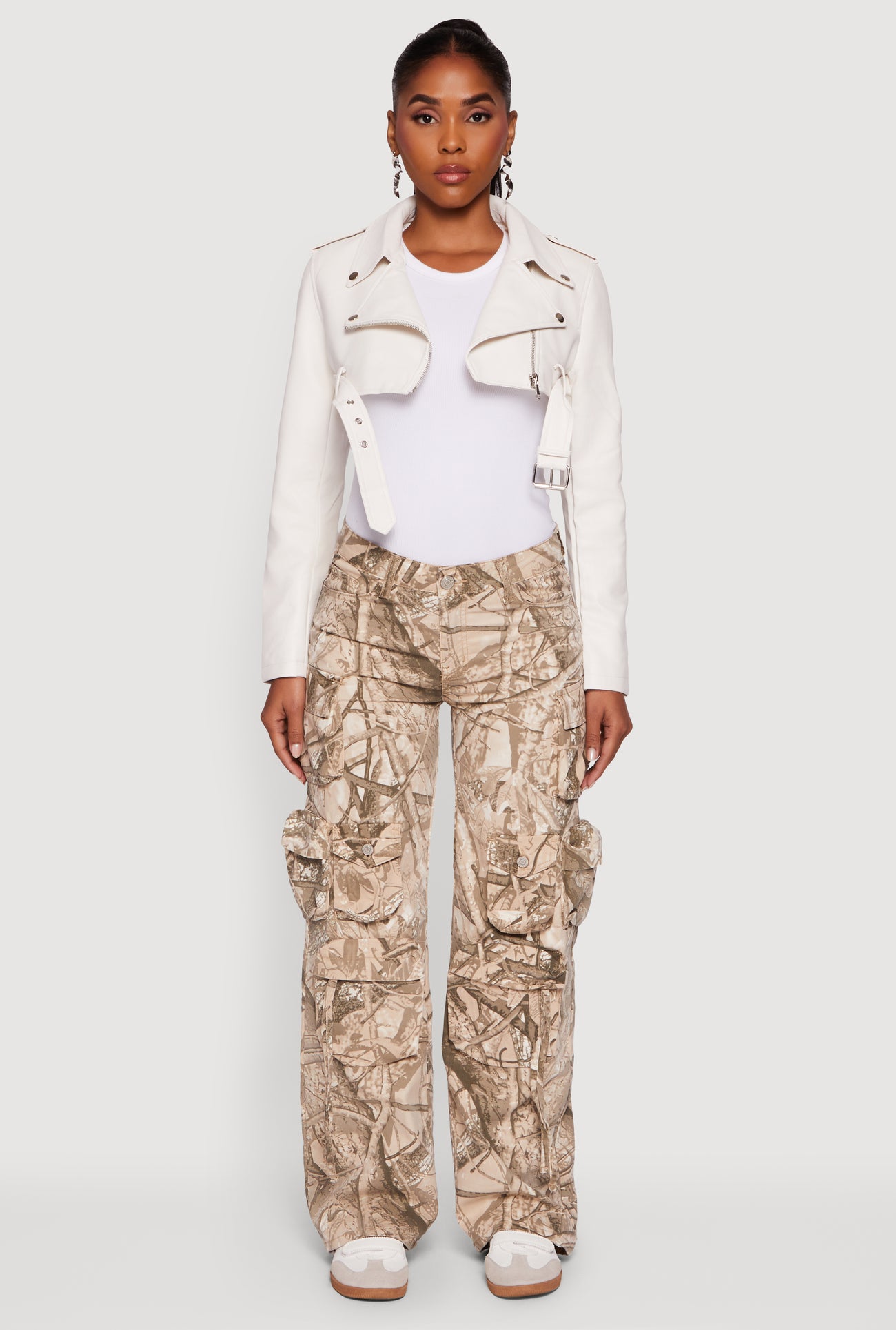 Faux Leather Cropped Moto Jacket with Belted Hem
