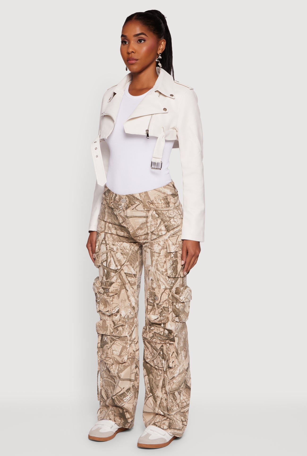 Faux Leather Cropped Moto Jacket with Belted Hem