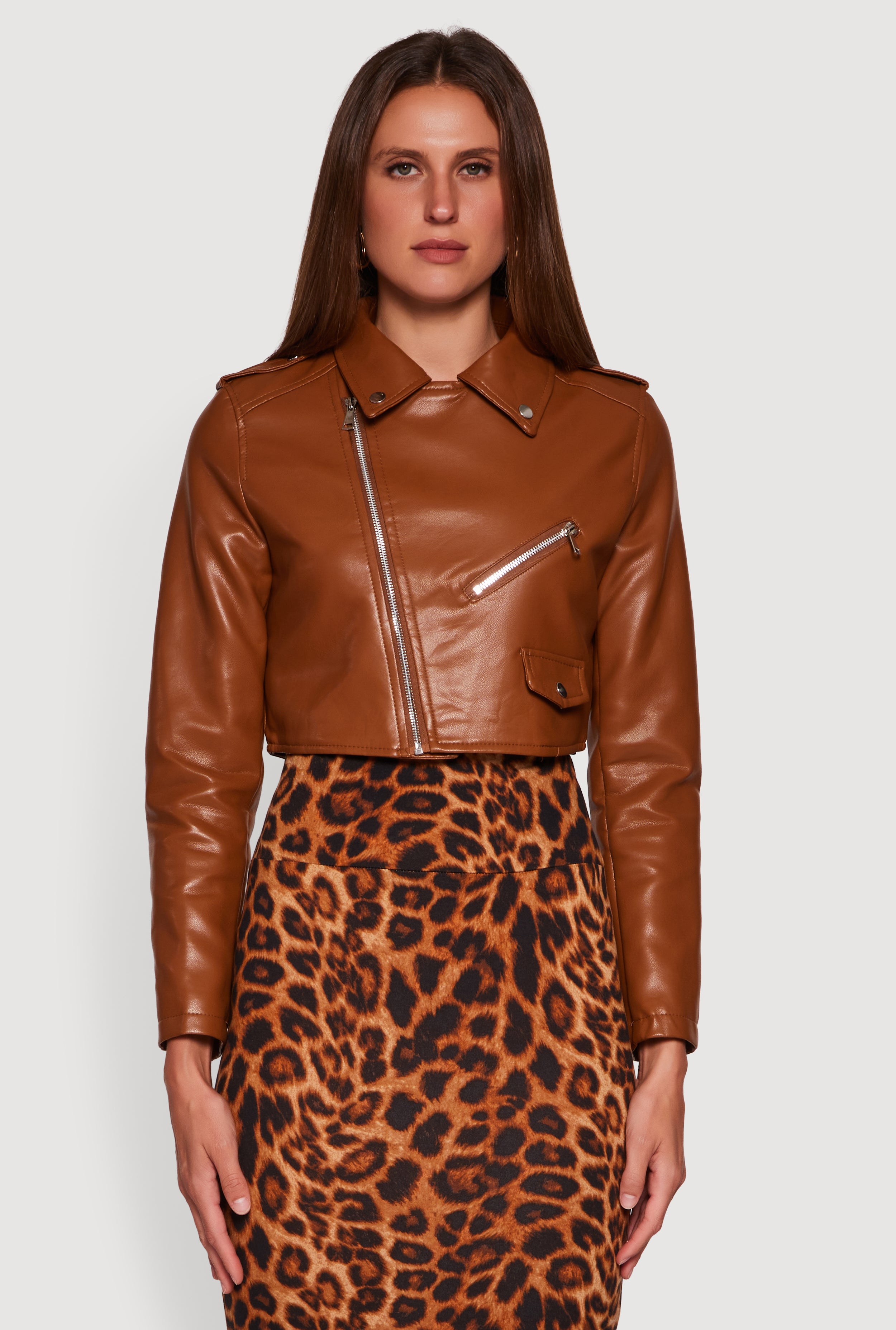 Faux Leather Long Sleeve Cropped Moto Jacket
