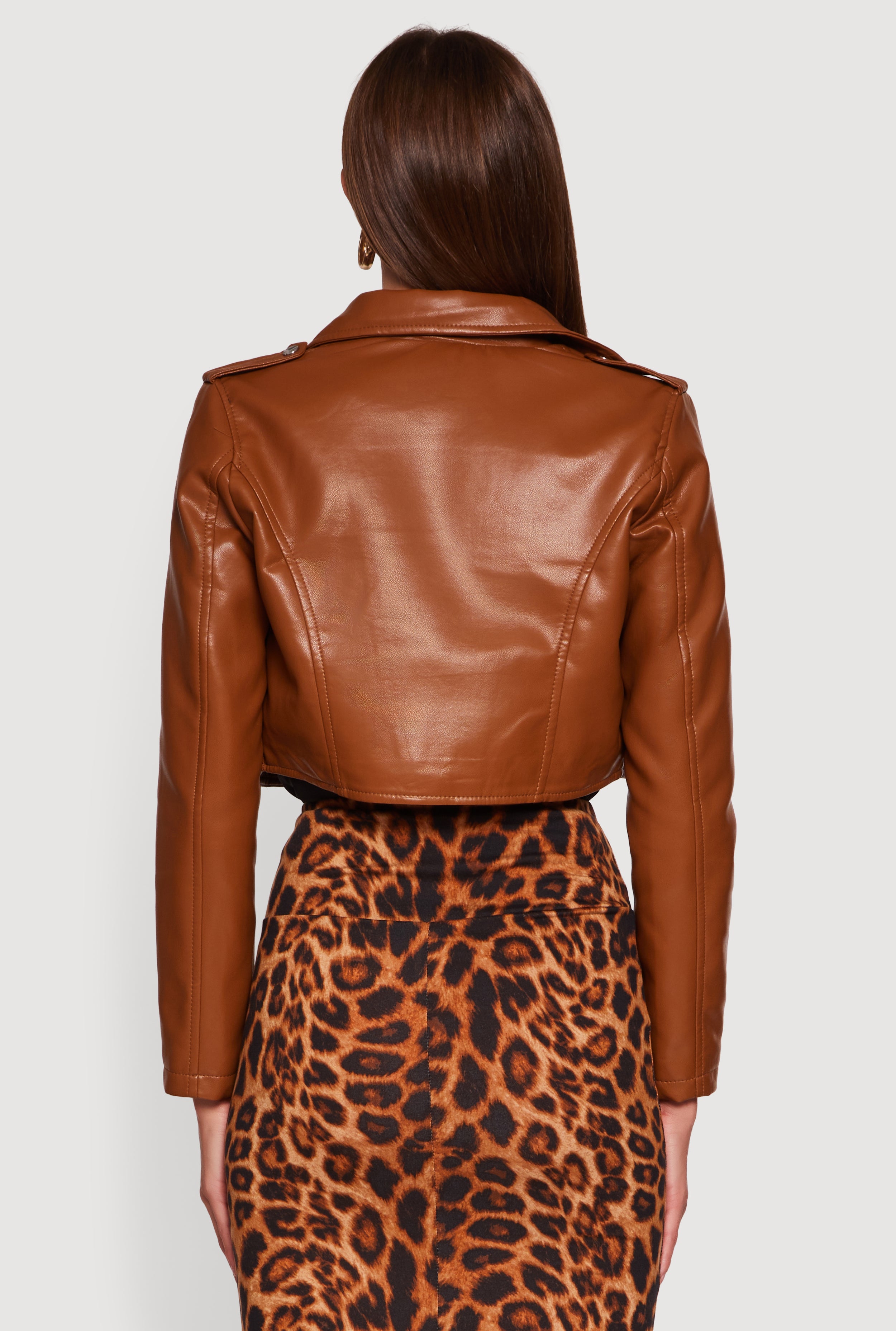 Faux Leather Long Sleeve Cropped Moto Jacket