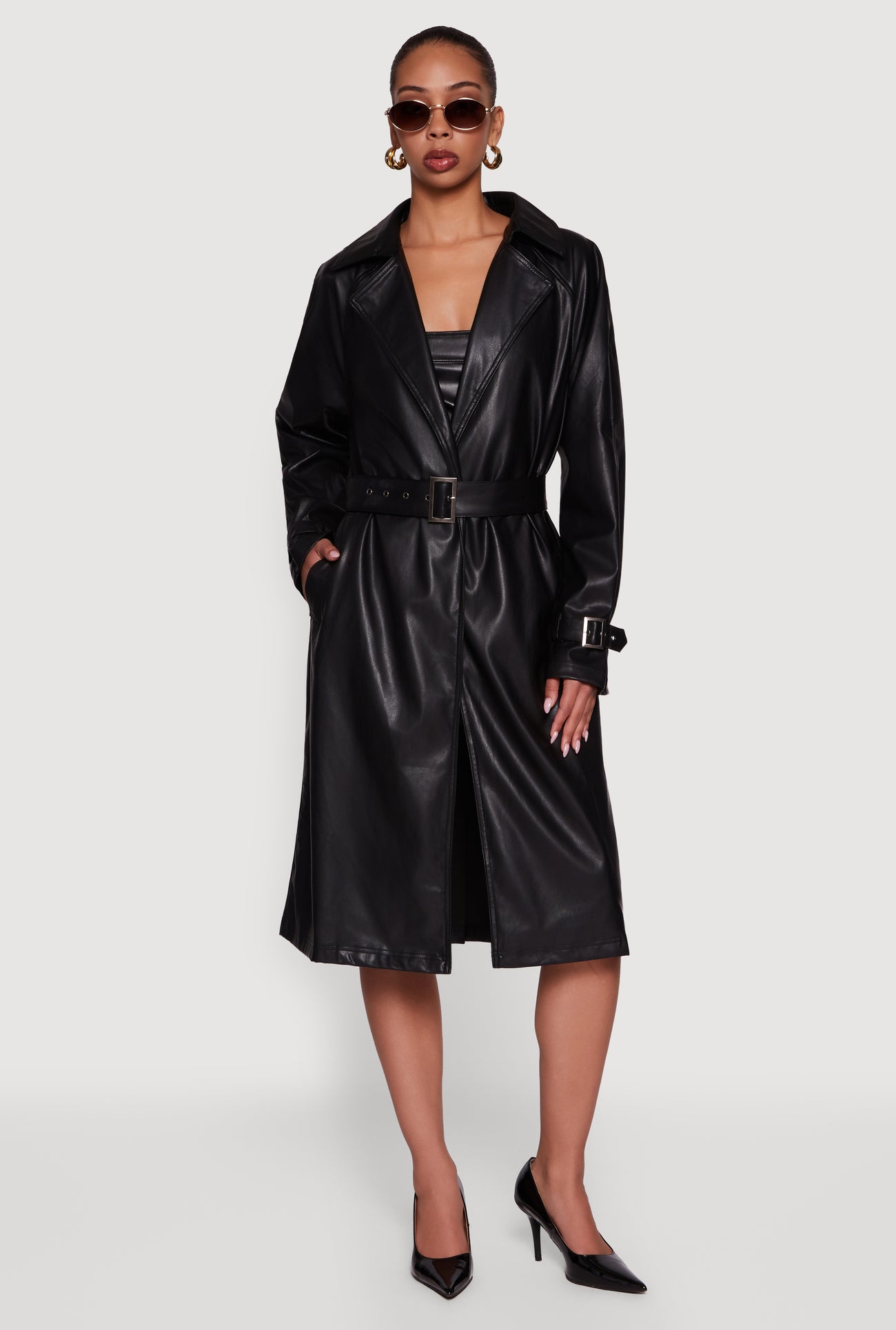 Faux Leather Belted Long Trench Coat