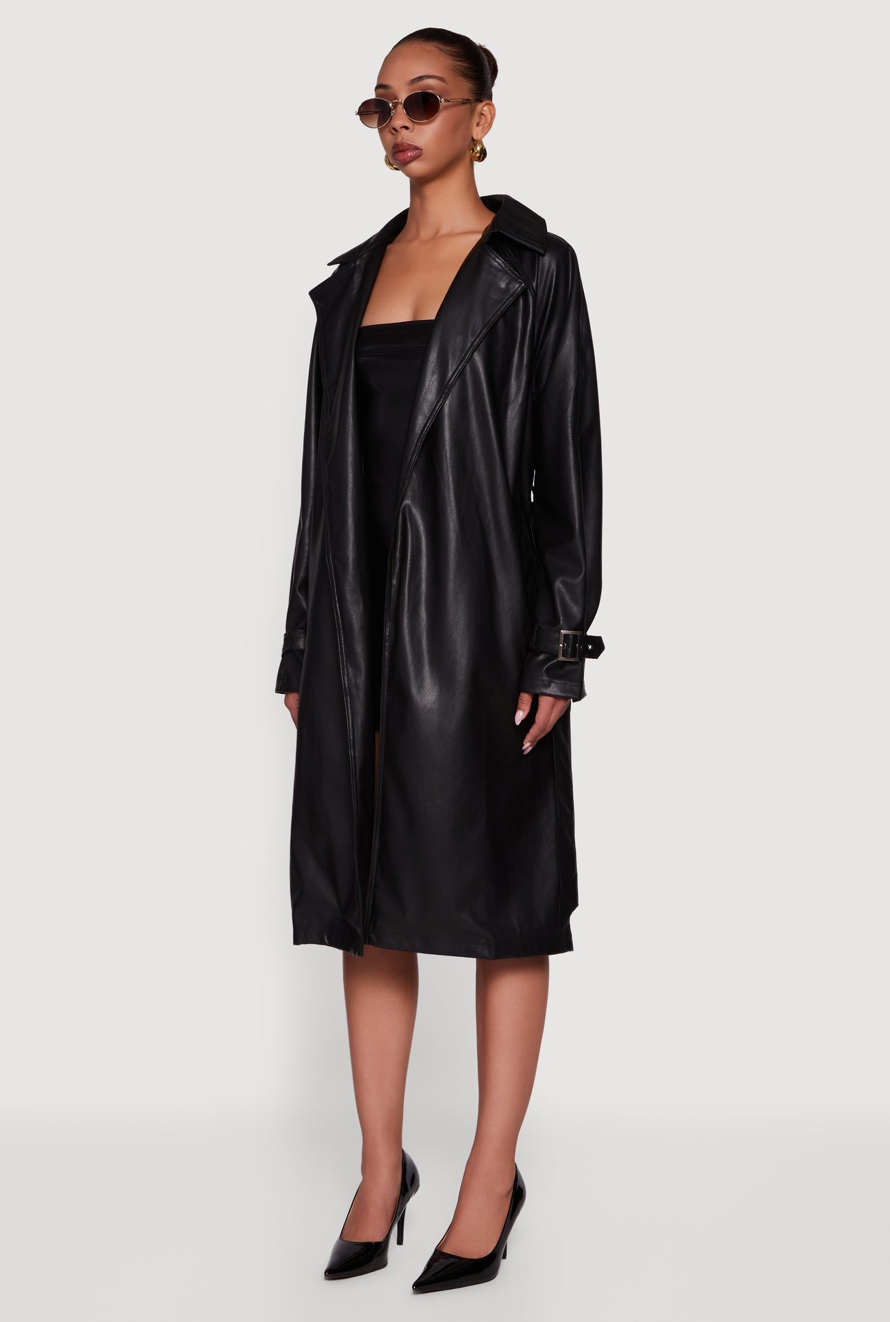 Faux Leather Belted Long Trench Coat