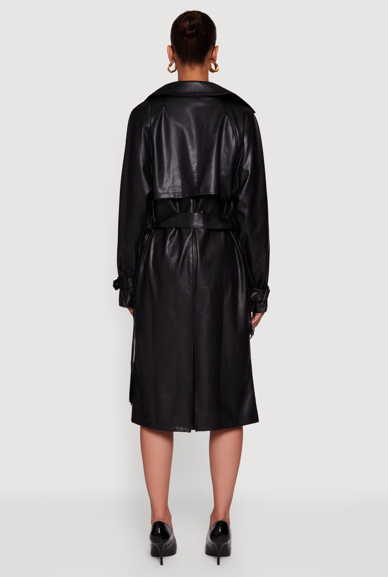 Faux Leather Belted Long Trench Coat