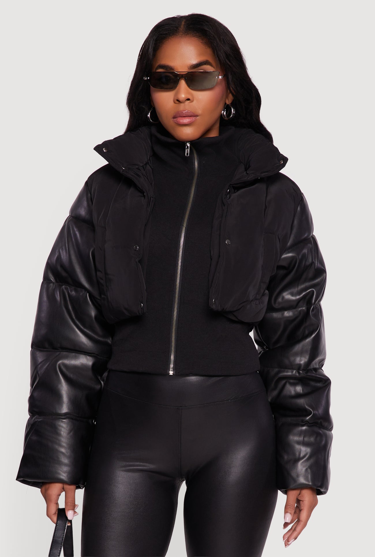 Double Layered Faux Leather Sleeve Mock Neck Puffer Jacket