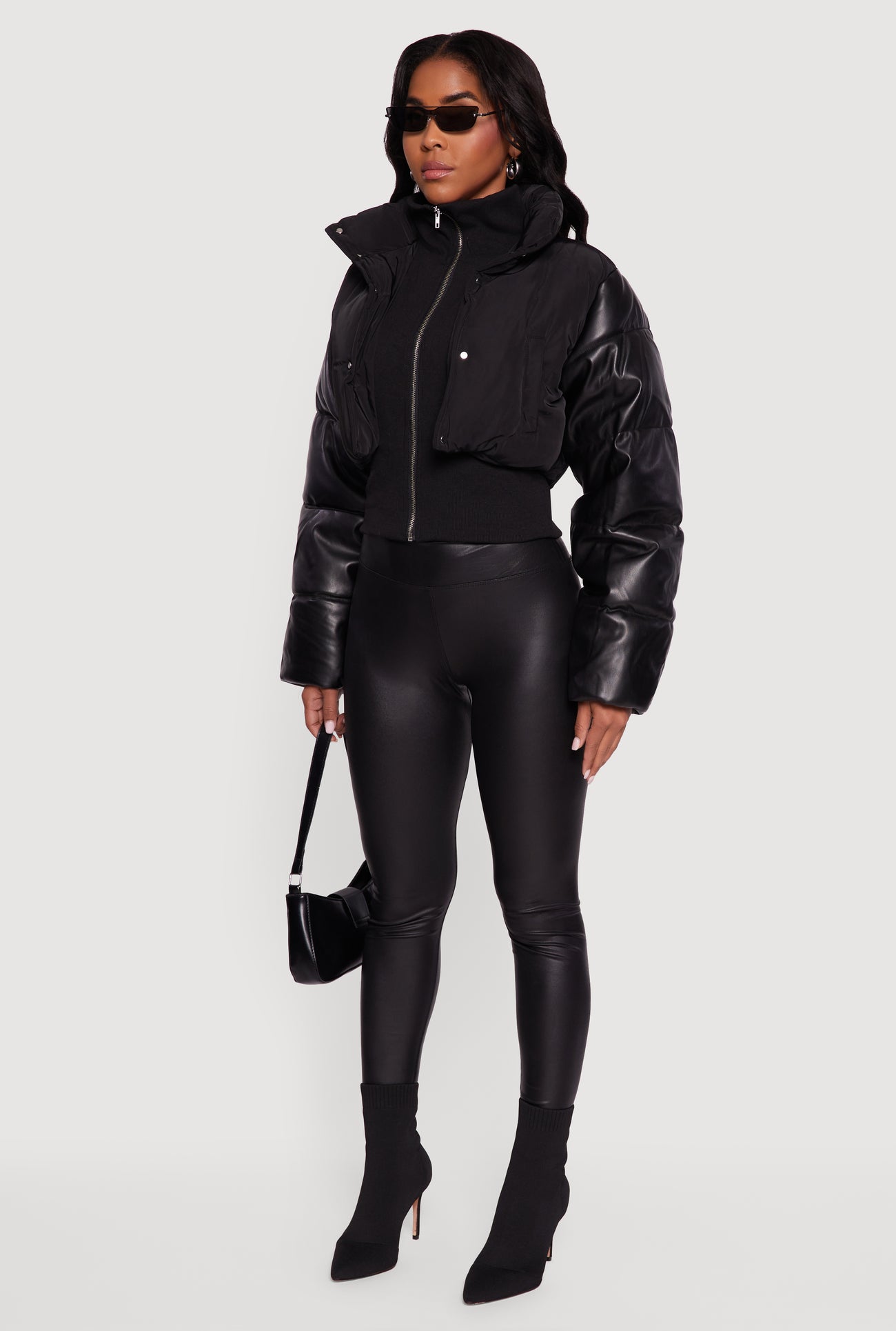 Double Layered Faux Leather Sleeve Mock Neck Puffer Jacket