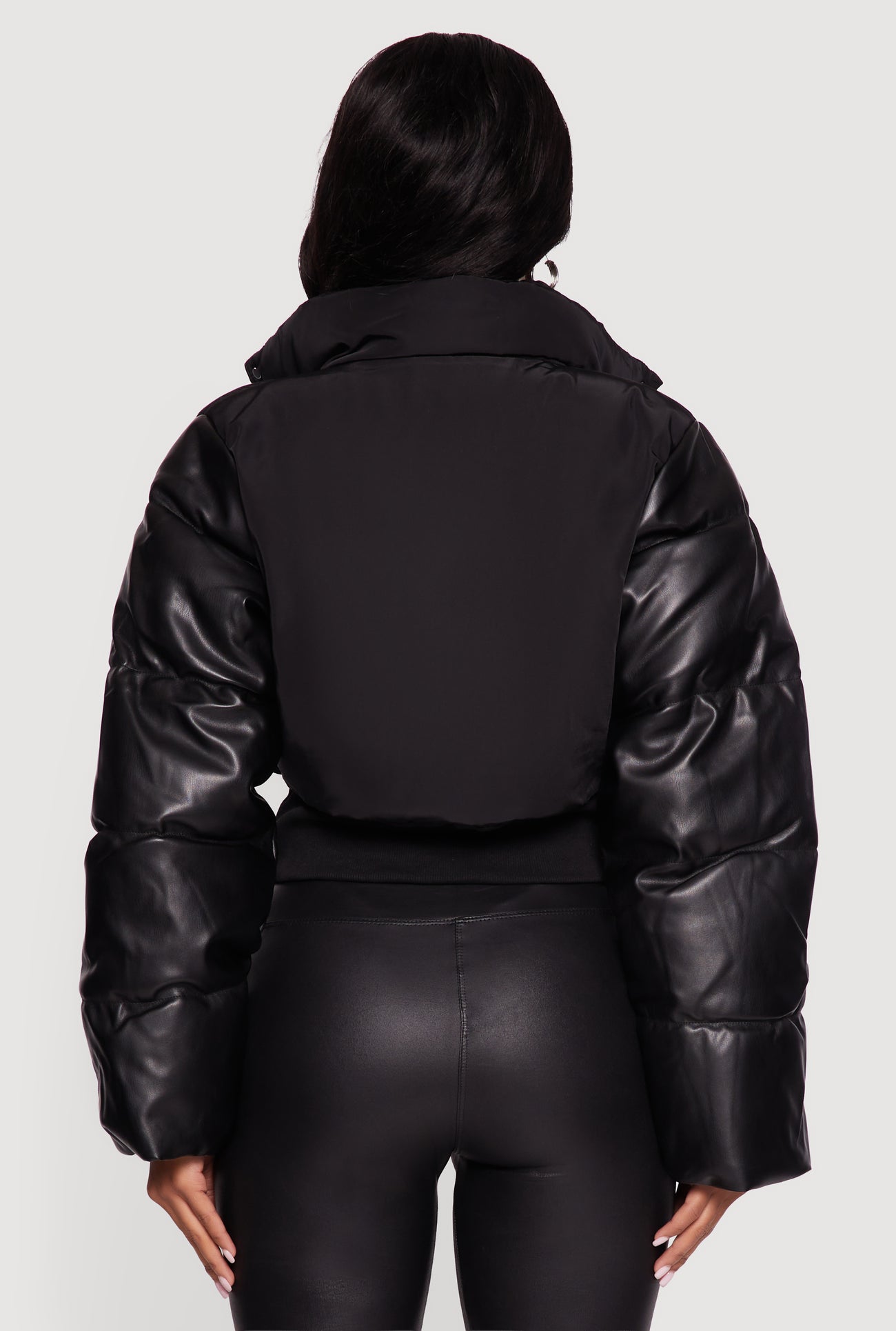 Double Layered Faux Leather Sleeve Mock Neck Puffer Jacket