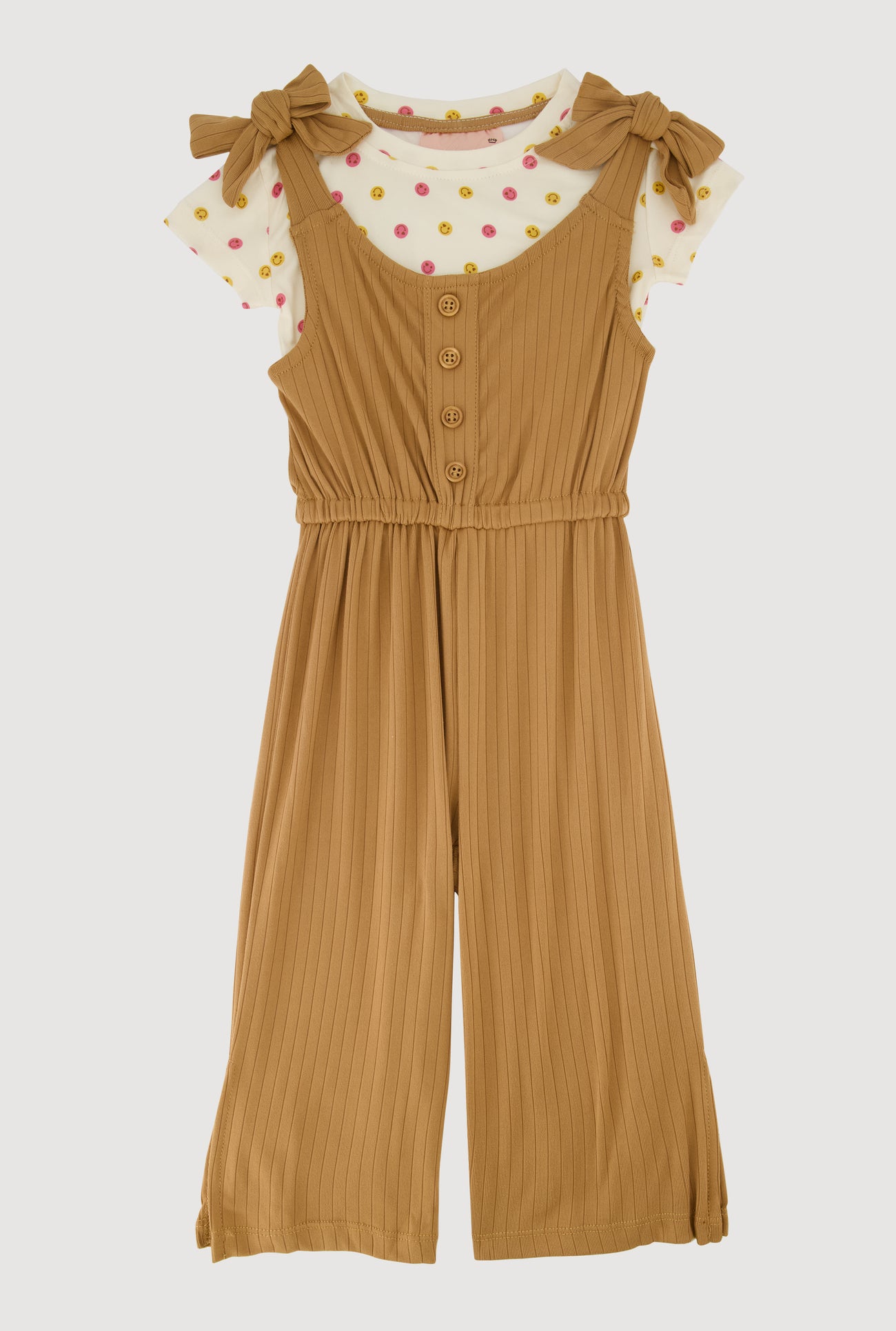 Toddler Girls Bow Strap Jumpsuit with Smiley Face Tee Toddler Girls Bow Strap Jumpsuit with Smiley Face Tee