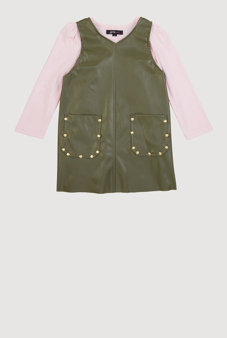Toddler Girls V Neck Faux Leather Dress with Long Sleeve Top Toddler Girls V Neck Faux Leather Dress with Long Sleeve Top