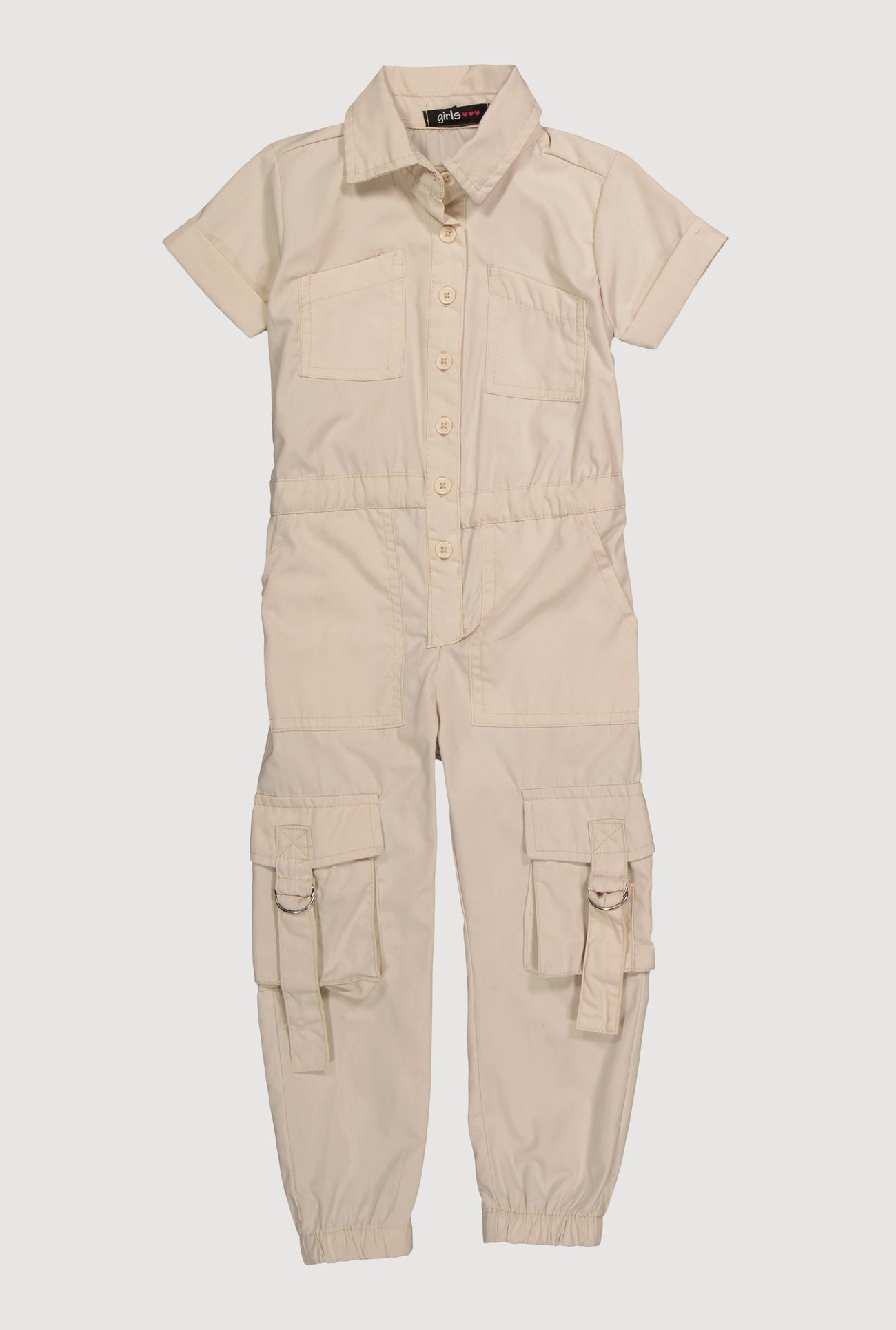 Toddler Girls Button Front Cargo Pocket Jumpsuit with D-Ring Buckles