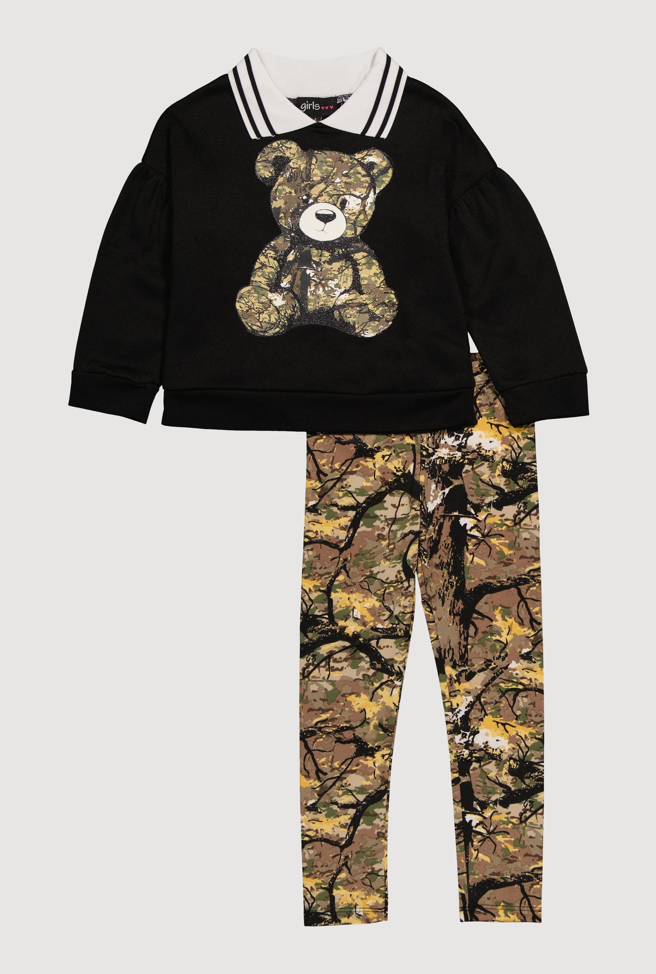 Little Girls Hunter Camo Bear Graphic Sweatshirt and Leggings