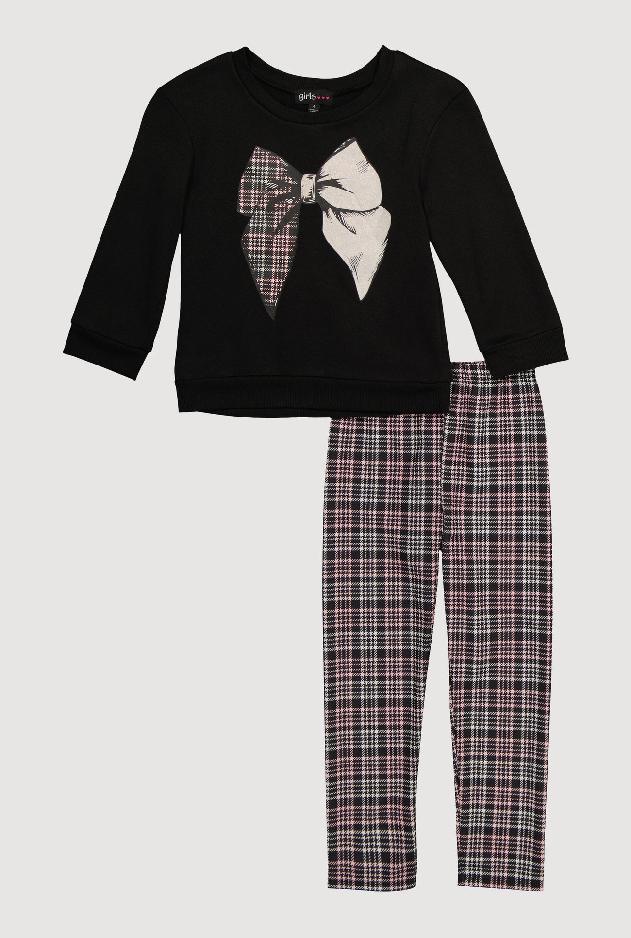 Little Girls Bow Graphic Sweatshirt and Plaid Leggings