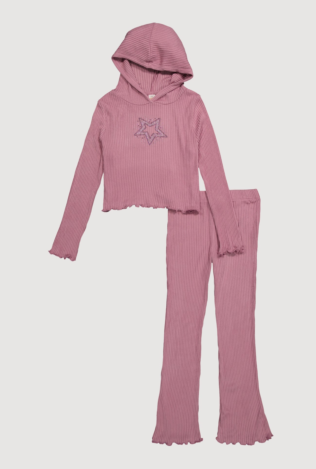 Girls Lettuce Edge Rhinestone Star Print Hoodie and Flared Pants
