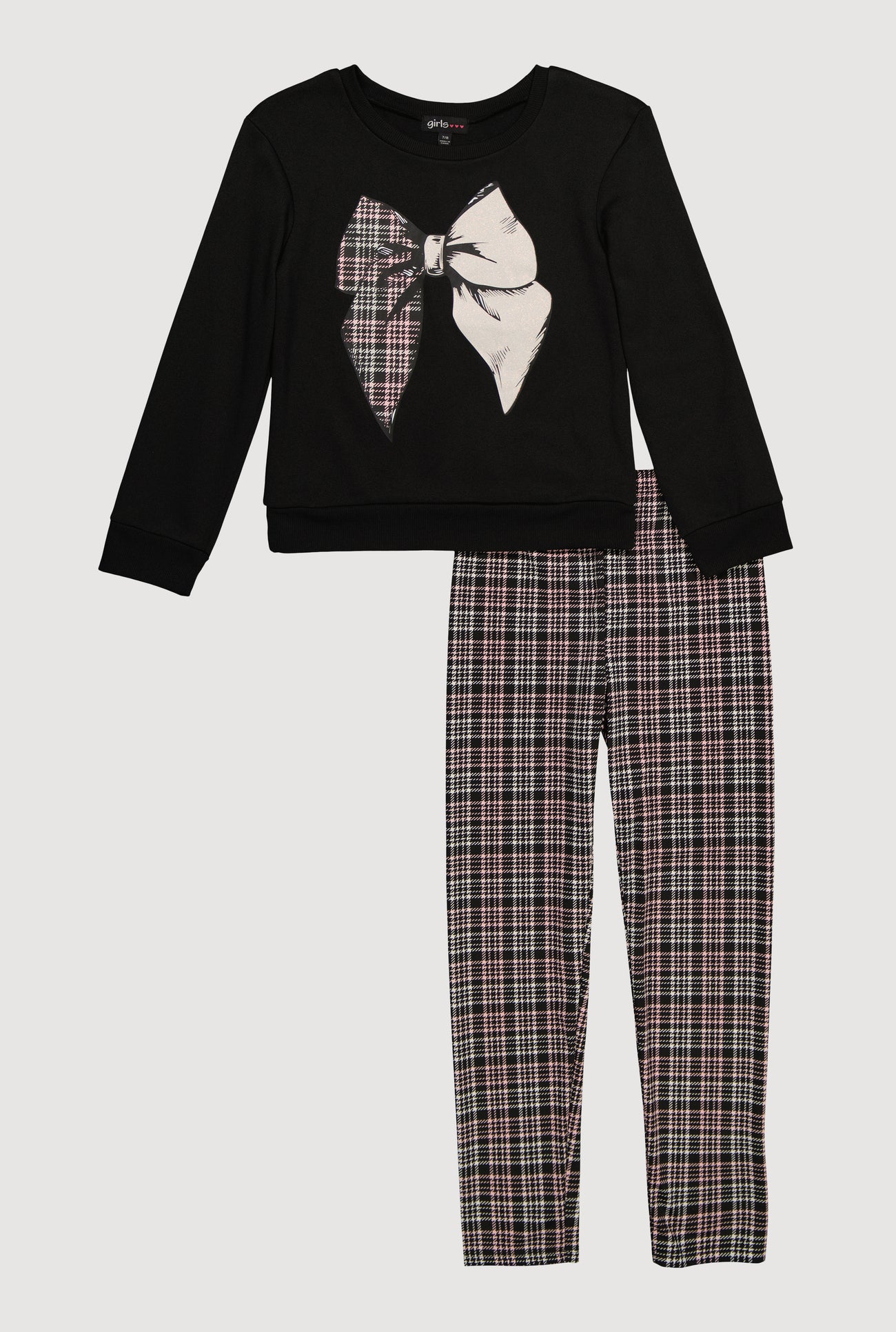 Girls Plaid Bow Graphic Sweatshirt and Leggings