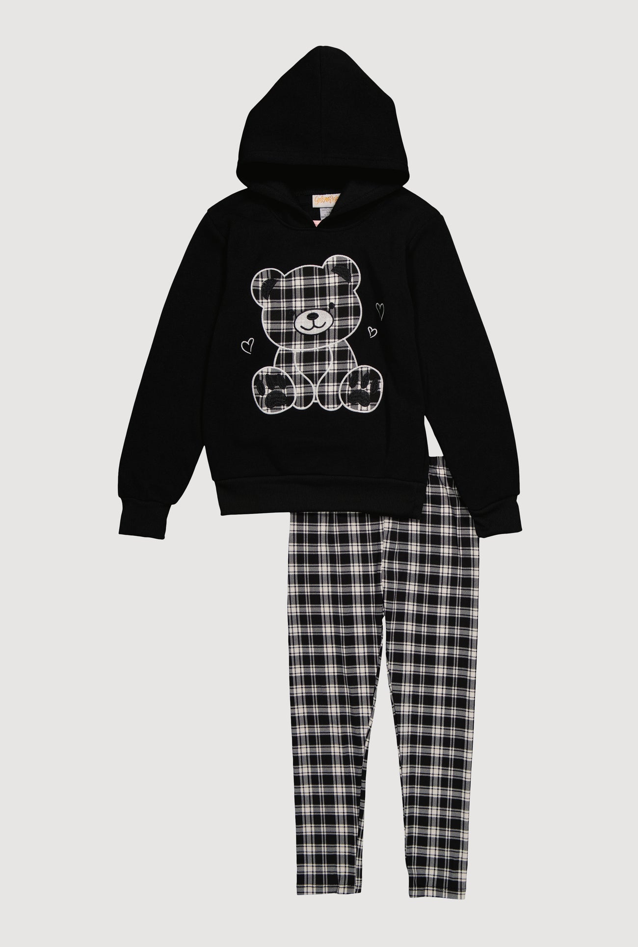 Girls Fleece Bear Graphic Hoodie and Plaid Leggings Set