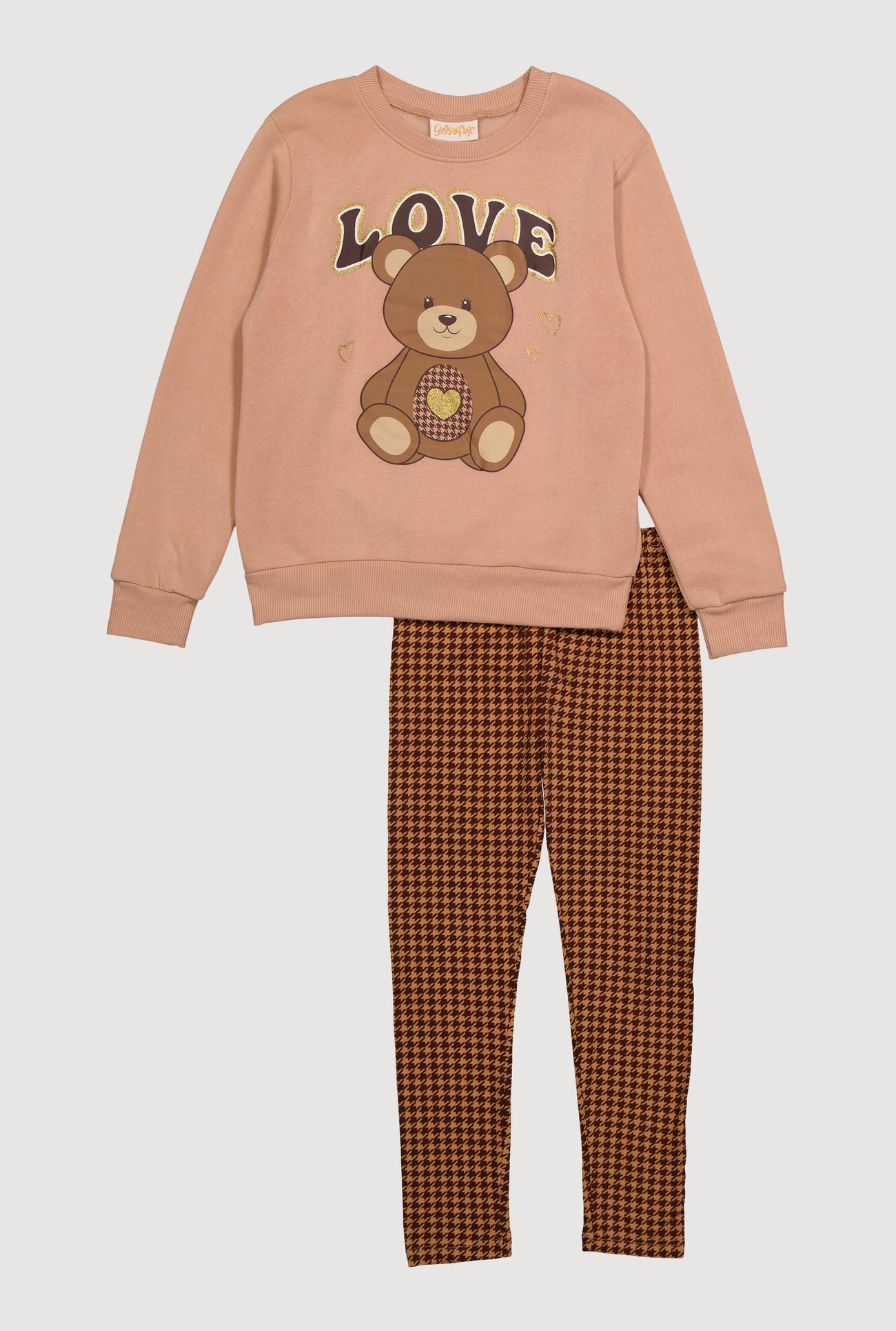 Girls Love Bear Sweatshirt and Houndstooth Leggings