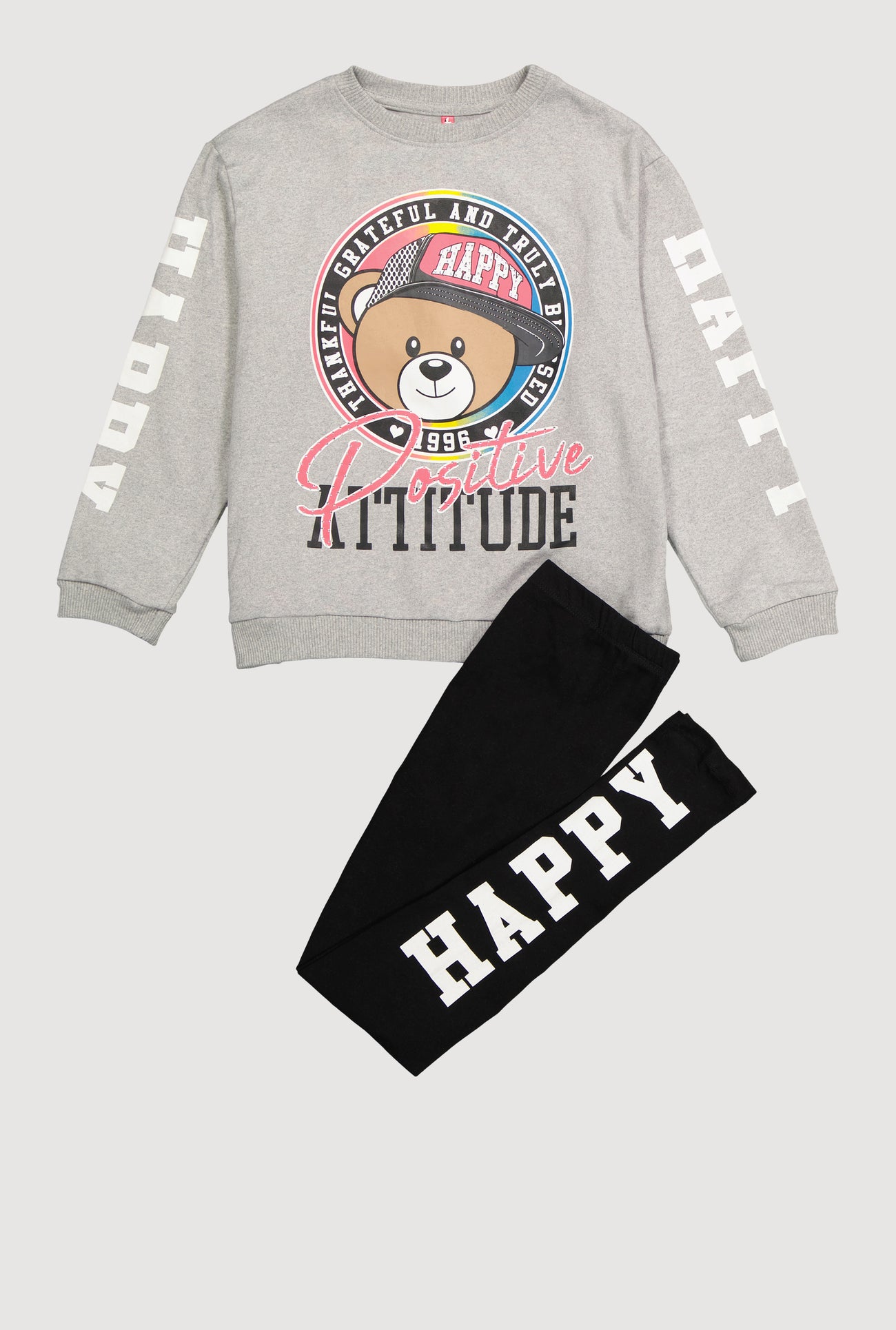 Girls Positive Attitude Bear Graphic Sweatshirt and Leggings