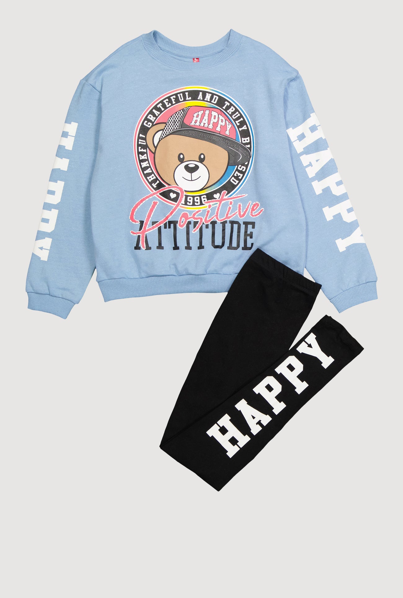 Girls Positive Attitude Bear Graphic Sweatshirt and Leggings