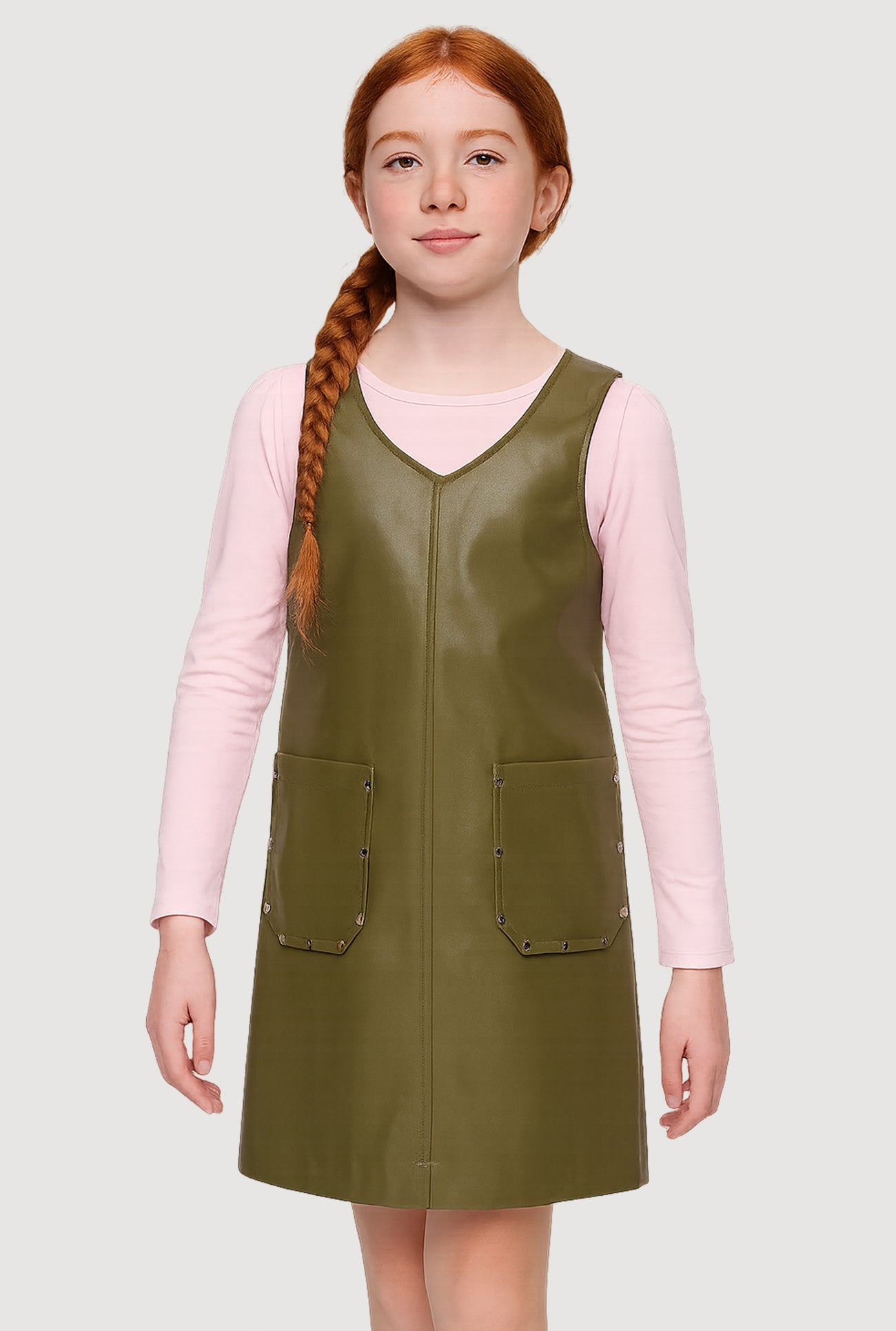 chinese dress ladies Girls Faux Leather Studded Pocket Dress with Top