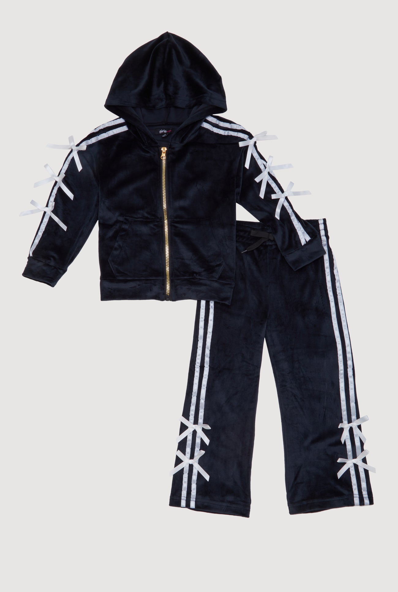 Little Girls Velour Bow Varsity Stripe Hoodie and Sweatpants