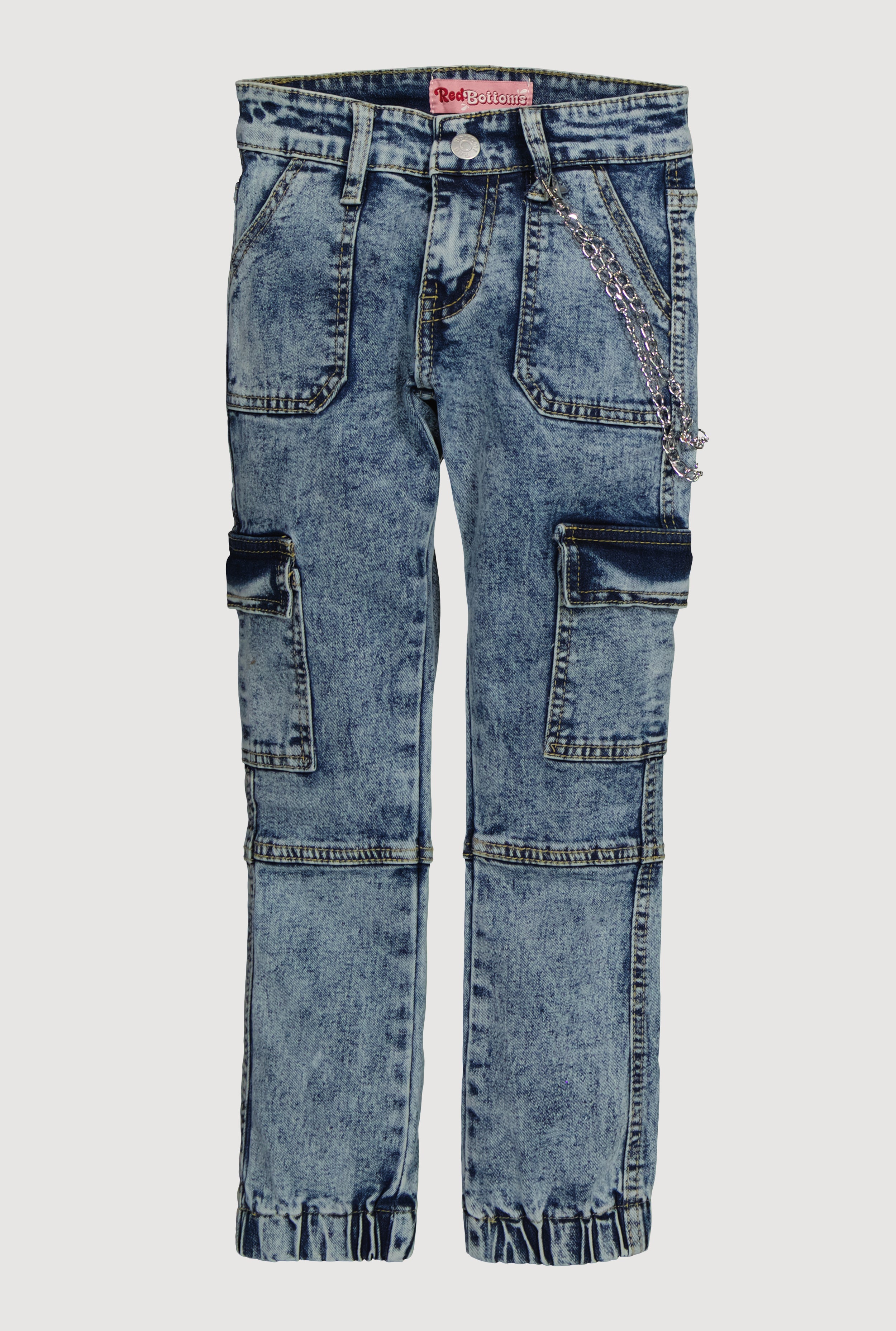 【EZKATON】23SS★ Brushed Washing Cargo Denim Pants Girls Trendy Chain Detail Acid Wash Denim Cargo Joggers