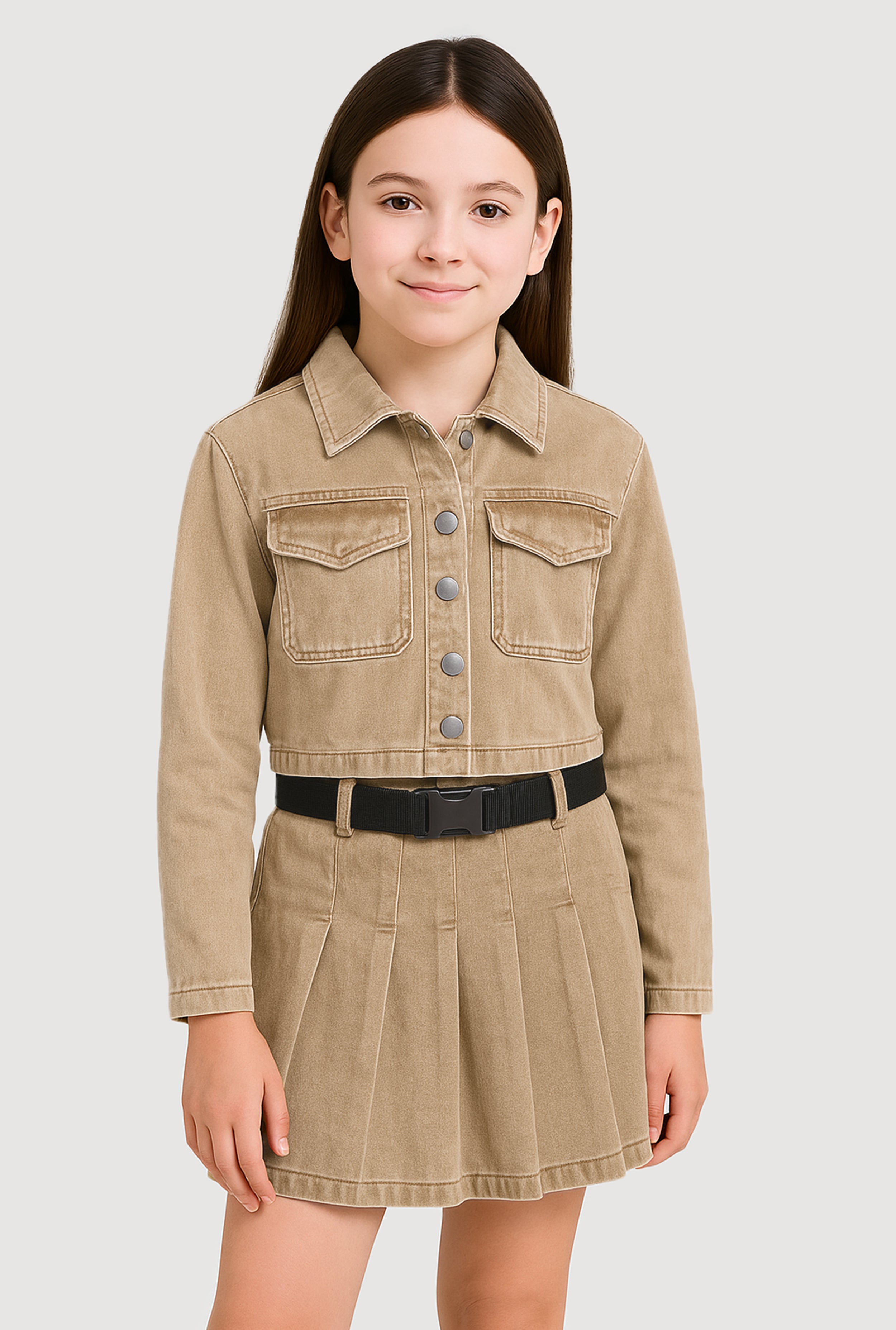Girls Mid-Rise Acid Wash Denim Pleated Skirt with Belt