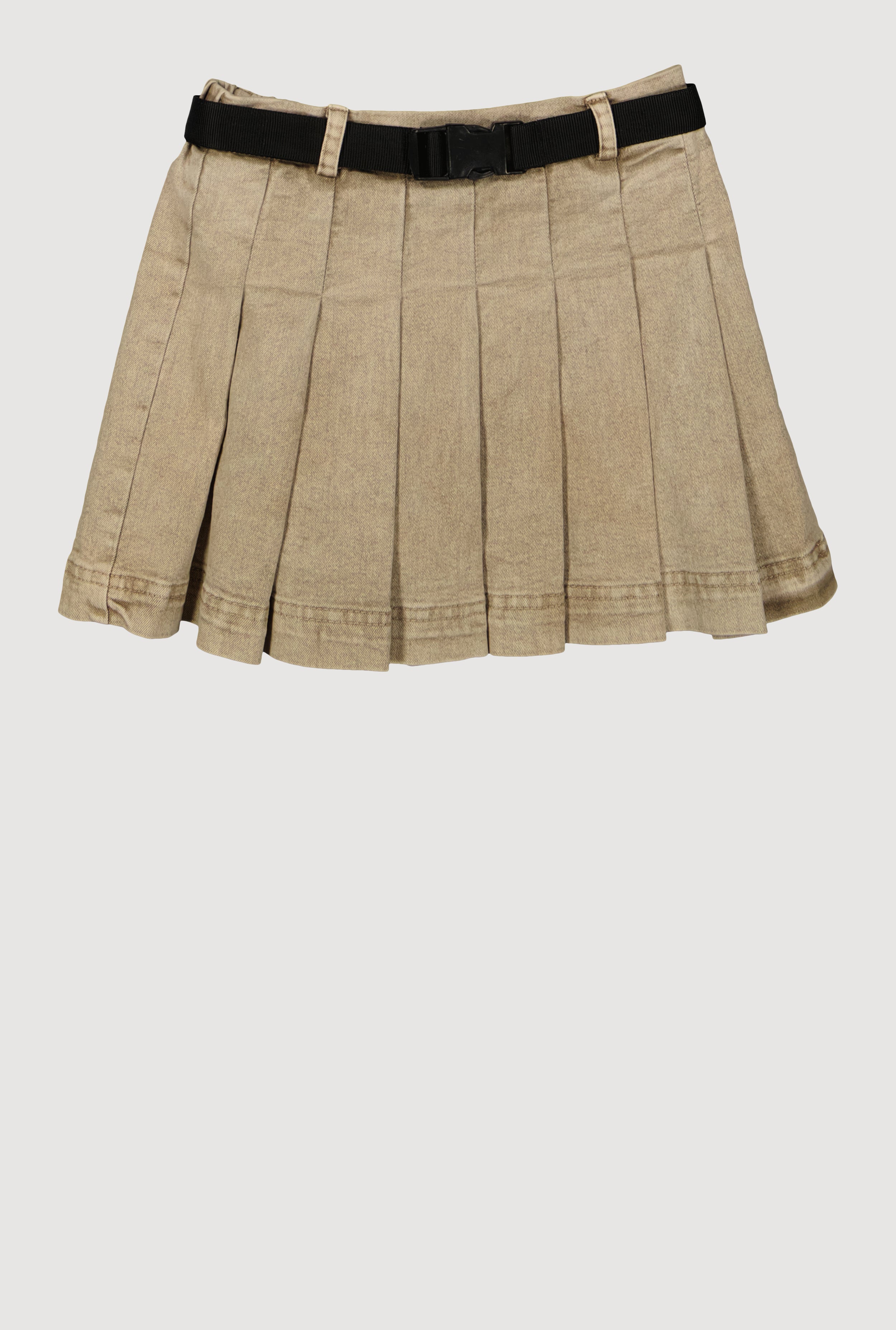 スカート OPENYY PLEATS LAYERED POCKET BELT, KHAKI Girls Mid-Rise Acid Wash Denim Pleated Skirt with Belt