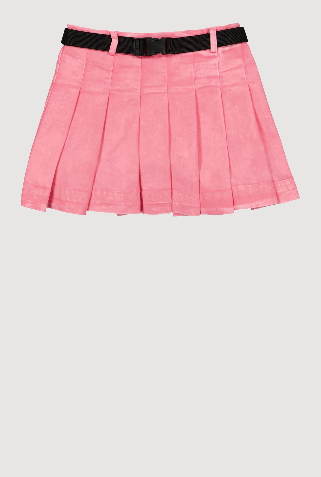 Girls Mid-Rise Acid Wash Denim Pleated Skirt with Belt